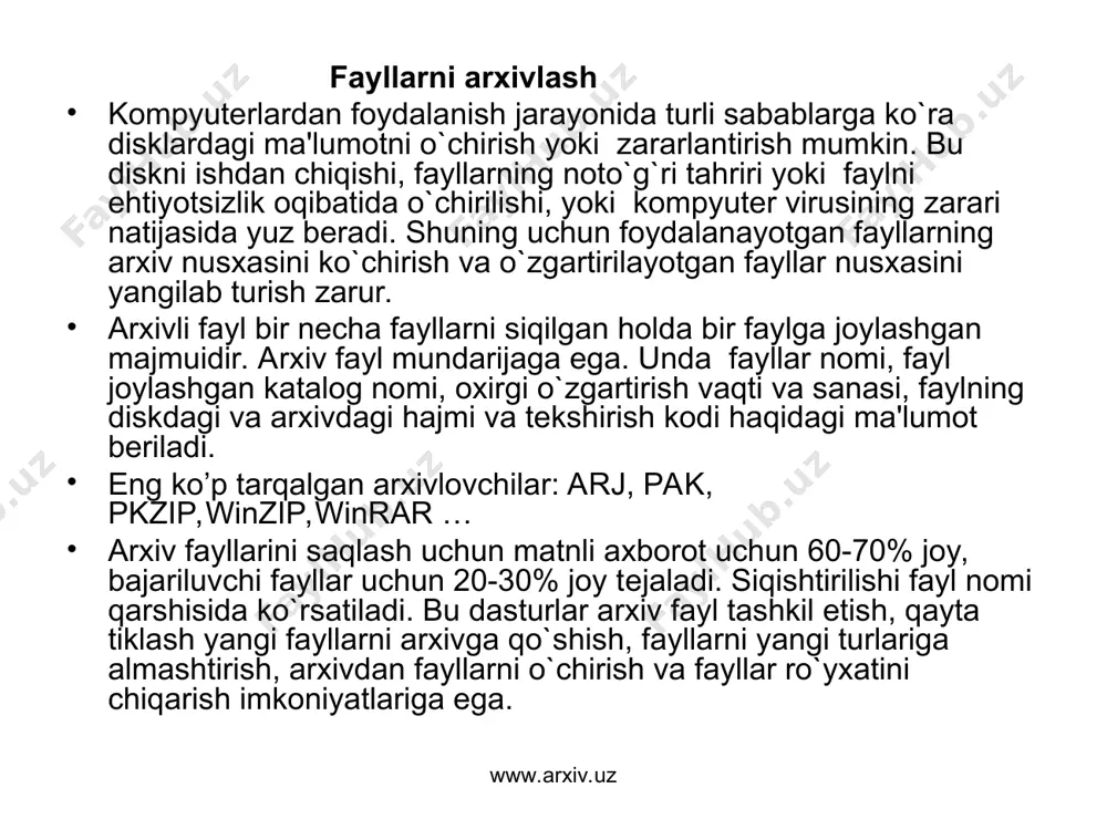 terda ma'lumotlarning ishonchli saqlanishiga xavf solmoqda. www.arxiv.uz www.arxiv.uz kompyuter virusi o'lchami bo'yicha katta bo'lmagan, maxsus yozilgan dasturdan iborat bo'lib, u o'zini boshqa dasturlarga "yozib qo’yishi", shuningdek, kompyuterda turli noxush amallarni bajara olishi mumkin. bunday dastur ishlashni boshlaganda dastlab boshqaruvini virus oladi. virus boshqa dasturlarni topadi va unga "yuqadi", shuningdek, qandaydir zararli amallarni (masalan, diskdagi fayl yoki fayllarning joylashish jadvalini buzadi, tezkor xotirani "ifloslaydi" va h.k.) bajaradi. virus o'ziga tegishli amallarni bajarib bo'lgandan so'ng boshqaruvini o'zi joylashgan dasturga uzatadi. virus joylashgan dastur odatdagidek ishini davom etgiradi. tashqaridan dasturning "kasallanganligi" bilinmaydi. ko'p turdagi viruslar shunday tuzilganki, kasallangan dasturni ishga tushirganda virus kompyuter xotirasida doimiy qoladi va vaqt-vaqti bilan dasturlarni kasallaydi va kompyuterda zararli amallarni bajaradi. virusning barcha amallari etarlicha tez va hech qanday ma'lumot e'lon qilmasdan bajariladi. shuning uchun foydalanuvchi kompyuterda qanday jarayonlar amalga oshayotganligini bilishi qiyin. kompyuterdagi dasturlarning kamchilik qismi kasallangan bo'lsa, virus borligi umuman bilinmaydi. lekin aniq vaqt o'tgandan so'ng …