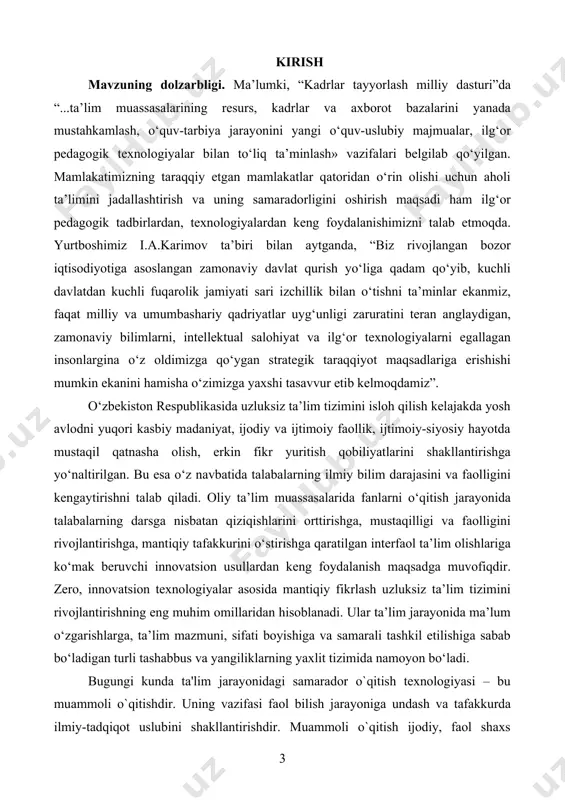 rgi jarayoni tahlili, psixolog va pedagoglarning fikrlash muammoli vaziyat, kutilmagan hayrat va mahliyo bo`lishdan boshlanadi, degan xulosalari haqiqatga yaqin ekanligini ko`rsatadi. o`qitish sharoitida insonning o`sha psixik, emotsional va hissiy holati unga fikrlash va aqliy izlanish uchun o`ziga xos turtki vazifasini bajaradi. muammoli vaziyat muayyan pedagogik vositalarda maqsadga muvofiq tashkil etiladigan o`ziga xos o`qitish sharoitida yuzaga keladi. shuningdek, o`rganilgan mavzular xususiyatlaridan kelib chiqib, bunday vaziyatlarni yaratishning maxsus usullarini ishlab chiqish zarur. u bilish maqsadlari maxsus taqozo qilgan aqliy taranglik holatidir. ta'lim oluvchilar muammoli o`qitish jarayonida muammoli vaziyatda o`quv materiallarini idrok qilish orqali bilim va aqliy harakat usullarini o`zlashtirar yekan, o`rganilganlarni mustaqil tahlil qilar ekan, gipotezalar qo`yish va ularni isbotlash orqali o`quv muammolarini shakllantirar va yechar ekan, bunda ta'lim oluvchilarning intellektual faolligi ta'minlanadi. mavzuning dolzarbligi va yuqorida yechimini topishi lozim bo‘lgan vazifalardan kelib chiqib, tadqiqot mavzusini “muammoli ta’lim jarayonida bilimlarni mustaqil egalllash” deb nomladik. tadqiqot maqsadi: o‘qitish jarayoni samaradorligini ta’minlashda muammoli ta’limning …