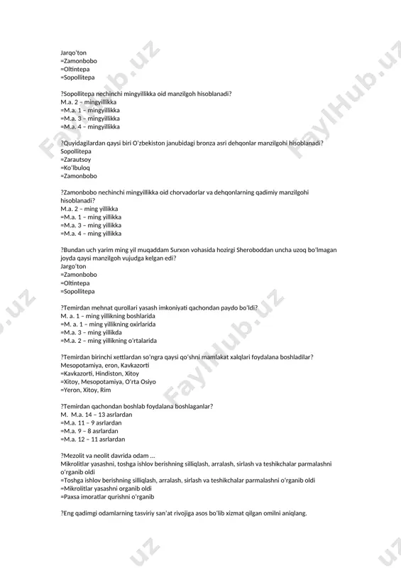 lash, arralash, sirlash va teshikchalar parmalashni o‘rganib oldi =mikrolitlar yasashni organib oldi =paxsa imoratlar qurishni o‘rganib ?eng qadimgi odamlarning tasviriy san’at rivojiga asos bo‘lib xizmat qilgan omilni aniqlang. odamning o‘zini qurshab turgan tevarak dunyoni tushunishga intilishi =odamlarning rasmlar bo‘lajak ovda o‘zlariga yordam beradi deya ishonishi =odamlar rasmlar orqali o‘zaro bir-birlari bilan muloqat qilishlari =odamlarning ov vaqtida olgan taassurotlari ?o‘zbekistondagi qaysi qadimgi manzilgoh poleolit davrining barcha bosqichlariga oid madaniy qatlamlariga ega. ko‘lbuloq =selengur =teshiktosh =obiraxmat ?o‘zbekistondagi qadimgi teshiktosh madaniy yodgorligi madaniy qatlamlari soni? 5 ta qatlam =6 ta qatlam =7 ta qatlam =8 ta qatlam ?eng qadimgi odamlarning qoyatosh rasmlarida ov manzaralari tasvirlangan. buning sababi nimada edi? odamlarning rasmlar bo‘lajak ovda o‘zlariga yordam beradi deya ishonishi =o‘zlarini tajribalarini keying avlodlarga qoldirishi =ov qiladigan hayvonlarni bir joyga to‘plash maqsadida =o‘zlarini yovuz ruhlardan saqlaydi deya ishonishi ?arxeologik tadqiqotlar instituti tashkil etilgan yil. 1970 yil =1955 yil =1895 yil =1988 yil ?avstrolopitek suyak qoldiqlarini …