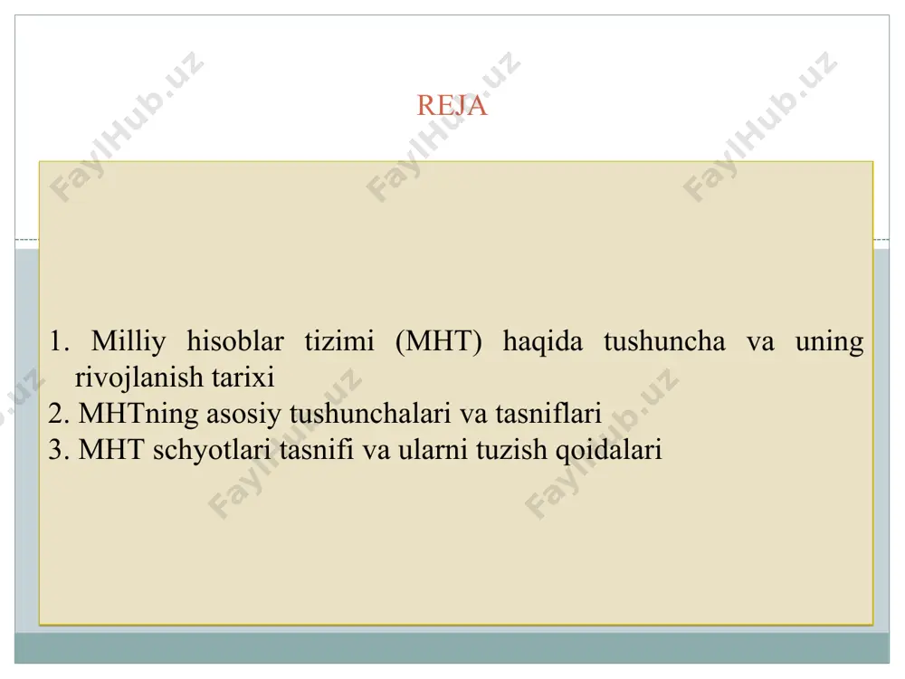 lar ishlab chiqish, kreditlar ajratishda va o’zlarini badallarini aniqlashda; мhт ko’rsatkichlarini tahlil qilishning asosiy yo’nalishlari ayrim mht schyotlarini ko’rsatkichlarini tahlili; schyotlarni ko’rsatkichlari bir-biri bilan bog’langan holda va ularga qo’shimcha hisoblangan ko’rsatkichlar bilan birgalikda tahlili; iqtisodiy sektor ko’rsatkichlarini alohida tahlil qilish va iqtisodiyotning ijtimoiy-iqtisodiy rivojlanishida tutgan o’rnini oydinlashtirish; tarmoqlarning ishlab chiqarish salohiyatini tahlil qilish va tarmoqlarning tarkibiy o’zgarishlarini baholash; mhtda aks etadigan iqtisodiy jarayonlar (daromadning shakllanish, taqsimlash va ulardan foydalanish, jamg’arish) tahlili; iqtisodiy o’sish qonuniyatlari va yo’nalishlari, yaim tarkibi, iqtisodiyot tarmoqlari va sektorlarining muvozanatli rivojlanish sur’atlari bog’liqligi, iste’mol va jamg’arish, investitsiyani ichki talab va takliflar orasidagi munosabatlar, yalpi ishlab chiqarish, oraliq iste’mol va yaqq ko’rsatkichlar dinamikasi tahlili. mhtning paydo bo’lishi, taraqqiyot bosqichlari va halq xo’jaligi balansi tizimlari o’rtasidagi farqlari va o’xshashliklari. i-bosqich xvii asrning ikkinchi yarmidan 1930 yilgacha bo’lgan davr ii-bosqich xx asrni 30-yillaridan ikkinchi jahon urushi yillarigachan davr iii-bosqich xx asrni 45-yillaridan to xozirgi davrgachan milliy hisobchilik nazariyasining asoschilari. u. …