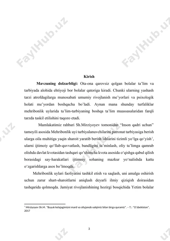 i. buning sababi shundaki, bitiruvchilar bolalar uyini tark etgandan keyin jamiyatda "begona" bo’lishadi. ular o’zlarini jamiyatning normal a'zolari kabi his qilmaydilar, o’zlarini normal ijtimoiy aloqalar va munosabatlarga singib ketgandek his qilmaydilar. kurs ishining tuzilishi: kurs ishi kirish, 2 ta bob, 4 ta paragraf, xulosalar, foydalanilgan adabiyotlar ro’yxati va ilovadan iborat. i bob. "mexribonlik uylaridagi ijtimoiy pedagogik faoliyat" ni o’rganishning axamiyati 1.1. mavzuni o’rganishning maqsadi va vazifalari bolalar uylarining hozirgi holati va ularning o’quvchilari ularni tark etishda duch keladigan muammolar ko’plab mutaxassislarning e'tiborini tortadi. buning sababi shundaki, bitiruvchilar bolalar uyini tark etgandan keyin jamiyatda "begona" bo’lishadi. ular o’zlarini jamiyatning normal a'zolari kabi his qilmaydilar, o’zlarini normal ijtimoiy aloqalar va munosabatlarga singib ketgandek his qilmaydilar. bu ularning bolalar bog'chasida tarbiyasi, odatdagi yashash muhitidan chiqib ketishining natijasidir. bolalar uylari-yetim bolalar va ularning o’limi, ota-ona huquqlaridan mahrum etilishi, kasalliklar va boshqa sabablarga ko’ra ota-ona qaramog'isiz qolgan bolalar uchun internat tipidagi ta'lim muassasalari[footnoteref:2]. [2: .i.xaydarov.mehribonlik …