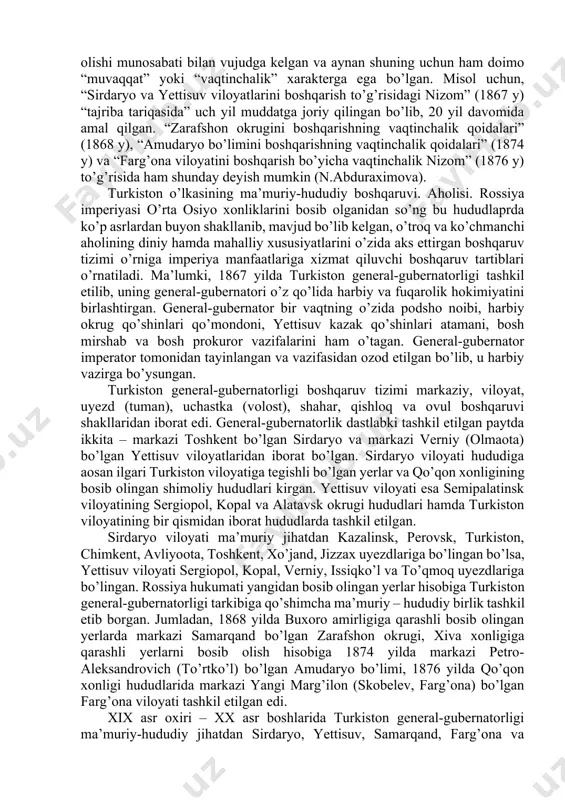 salbiy oqibatlarni keltirib chiqarishi mumkin edi. undan tashqari, yangi bosib olingan yerlarda hali qarshilik va norozilik harakatlari davom etayotganligi, boshqaruv tizimida faoliyat olib borayotgan o’z odamlari bo’lmaganligi, mahalliy sharoitni to’liq bilmaslik kabilar ham an’anaviy boshqaruv tizimini ma’lum muddat saqlab qolishga majbur qilgan. 1868 yilda imperiya ministrlar kengashi tomonidan turkiston general-gubernatoriga ikki yil ichida yangi “nizom” loyihasini tayyorlab taqdim qilinishi to’g’risida ko’rsatma beriladi. 1871 yilda fon kaufman rahbarligida turkiston o’lkasini boshqarish to’g’risida “nizom” loyihasi tayyorlanib taqdim etilsada, muhokamada tasdiqlanmay qaytariladi. ushbu loyiha 1873 yilda qayta ishlanib, ikkinchi marotaba ministrlar kengashiga jo’natiladi. ammo, bu safar ham “nizom” loyihasida kamchiliklar mavjud bo’lib, “qoniqarsiz, yer masalasi tartiblari esa siyosiy jihatdan xavfli” bo’lganligi tufayli 1874 yilda tasdiqlanmay, qaytariladi. ammo, shunga qaramasdan ushbu “nizom” loyihasidagi tartiblar 1876 yilda yangi tashkil etilgan farg’ona viloyatiga joriy etiladi. 1882 yil 8 mayda imperatorning turkiston general-gubernatorligini taftish qilish to’g’risidagi farmoni e’lon qilinadi. taftish ishlariga rais qilib “dasht komissiyasi”ning sobiq raisi, …