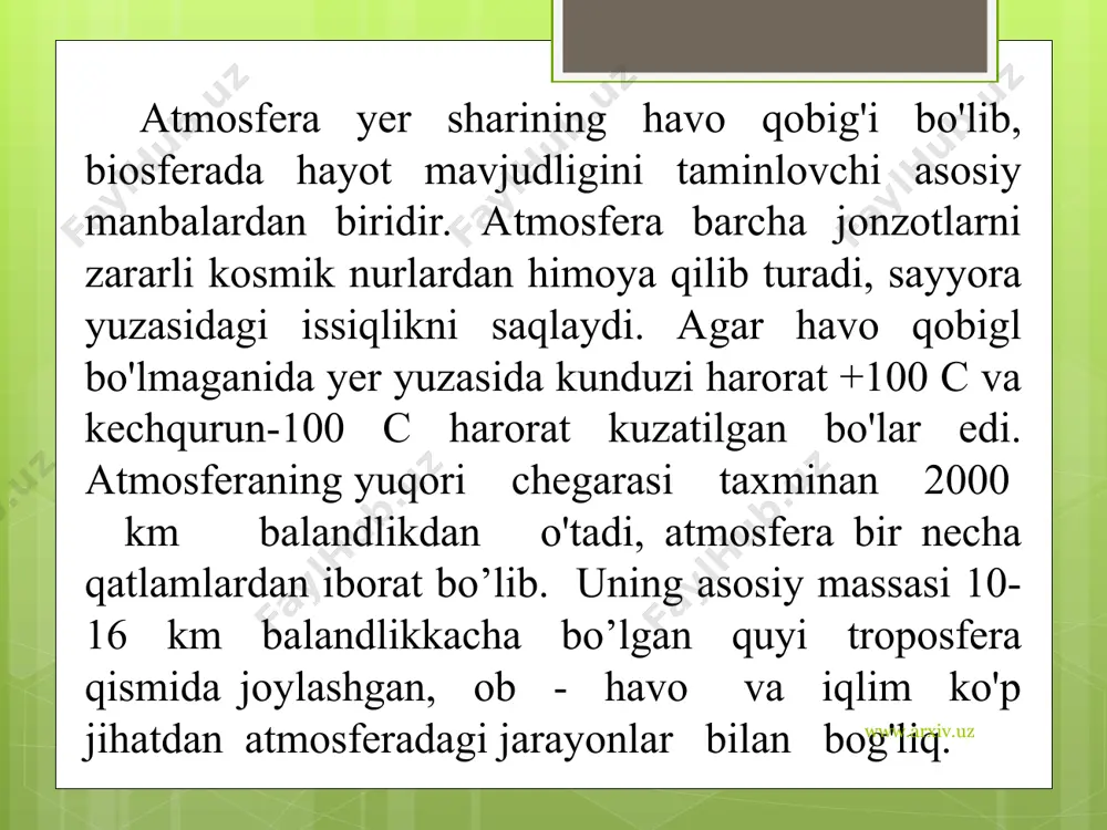 g'ining yomonlashuvi, binolar, tarixiy obidalarning emirilishi, o'simlik va hayvonlarning nobud bo'lishi va boshqa hodisalar katta iqtisodiy zarar etkazadi. faqatgina aqshda havoning ifloslanishi inson sog'lig'iga etkazilgan ziyonni hisobga olmaganida, yiliga 30 mlrd. dollardan ortiq moddiy zarar etkazadi. atmosfera havosi o'z o'zini tozalash xususiyatiga ega. lekin uning bu imkoniyati cheklangan. yuqori darajadagi texnogen ifloslanishni bartaraf qilish insonlarning o'zlari amalga oshirishlari lozim bcf igan vazifadir. havo ifloslanishining oldini olish va kamaytirishning turli yo'llari mavjud. www.arxiv.uz www.arxiv.uz korxonalarda tozalash qurilmalari o'rnatiladi, zararli korxonalar shaxar chekkasiga chiqariladi. ishlab chiqarish texnologiyasini o'zgartirish, ayniqsa chiqindisiz texnologiyaga o'tish ushbu muammoni hal qilishning eng istiqbolli yo'llari hisoblanadi. hozirgi vaqtda havoning ifloslanishida avtotransportning hissasi oshib bormoqda. dunyo bo'yicha 500 mln.dan ortiq avtomobil har kuni havoga yuz minglab tonna zararli birikmalar chiqaradi. avtomobil tutunida 200 dan ortiq zararli birikmalar, shu jumladan o'pka raki va boshqa og'ir kasalliklarni keltirib chiqaruvchi birikmalar (benzapirin, qo'rg'oshin va boshqalar) mavjud. www.arxiv.uz www.arxiv.uz www.arxiv.uz www.arxiv.uz o’zbeksiton respublikasida …