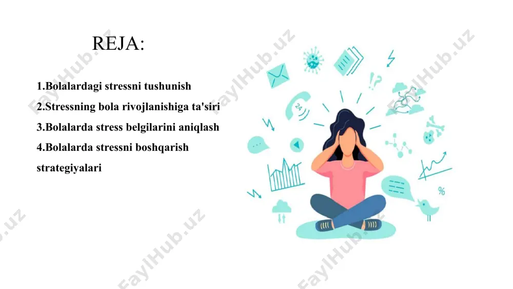 mkin, ya’ni u do‘stlari bilan kamroq muloqot qiladi. o‘z his-tuyg‘ularini boshqalar bilan bo‘lishishda qiyinchiliklarga duch kelishi mumkin. boshqalarga nisbatan tajovuzkor yoki o‘ta itoatkor bo‘lib qolishi ehtimoli bor. . stressning bola rivojlanishiga ta'siri 3. aqliy (kognitiv) ta’siri konsentratsiya va e’tibor qaratish qobiliyati pasayadi.yangi bilimlarni o‘zlashtirish qiyinlashadi. maktabda o‘qish va muammolarni hal qilishda qiyinchiliklar paydo bo‘lishi mumkin. 2 1 3 bolalarda stress belgilarini aniqlash bolalarda stress haqida gap ketganda, belgilarni erta aniqlashga qodir bo'lish muhimdir. bolalar har doim ham o'z his-tuyg'ularini to'g'ridan-to'g'ri ifoda eta olmaydi, shuning uchun kattalar diqqatli bo'lishlari juda muhimdir. bolalardagi stressning ba'zi keng tarqalgan belgilari orasida xatti-harakatlarning o'zgarishi, tez-tez kayfiyat o'zgarishi, uxlash qiyinligi va ishtahaning o'zgarishi kiradi. ushbu belgilarga e'tibor berish va ularni tezda bartaraf etish muhimdir. bolalardagi stress belgilarini tanib, kattalar ularga samarali kurashishda yordam berish va ko'rsatmalar berishlari mumkin. muloqot, sabr-toqat va xavfsiz va sog'lom muhit yaratish bolalarga stressni boshqarishda yordam berishning kalitidir. bolalarda stressni boshqarish strategiyalari …