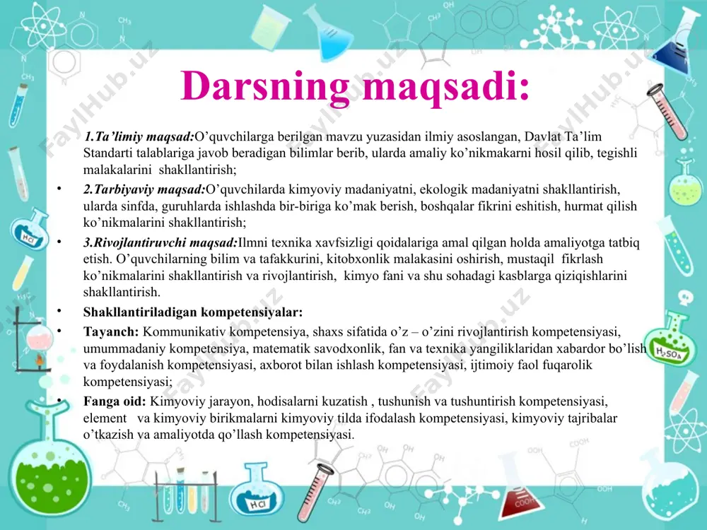 tarqatma materiallar “ilmning - boshi jim turish keyingisi - e’tibor bilan eshitish uchinchisi - yod olish to’rtinchisi - unga amal qilish beshinchisi – uni bilmaganlarga tarqatishdir. mana shu shartlarga amal qilib bilim olinsa, bunday odamlar ikki dunyo saodatiga erishurlar.” imom g’azzoliy darsning borishi : i. tashkiliy qism: o’quvchilar bilan salomlashish, o’quvchilar davomatini aniqlash, o’quv qurollari, darsga tayyorgarlik ko’rish, ma’naviy va ekologik daqiqa. “aqliy hujum” valentlik tushunchasi sizga tanishmi? valentliklari doim bir xil bo’lgan elementni bilasizmi? mg ning valentligi nechaga teng? bu yerda fe2o3 temir (fe) elementi qanday valentlikga ega? ekvivalent tushunchasini o’rganishni xohlaysizmi? ekvivalent – teng qiymatli demakdir ta’rif : har qanday modda o’z ekvivalentiga proporsional holda reaksiyaga kirishadi. bu qonunni quyidagi umumiy tenglama uchun matematik ko’rinishda yozamiz :a + b = ab m a e a = bo’ladi m b eb ekvivalintlik qonuni elementning 1 ekvivalenti massasi uning ekvivalent massasi deyiladi vodorod uchun 1 g/mol 1g/ekv h elementi ( …