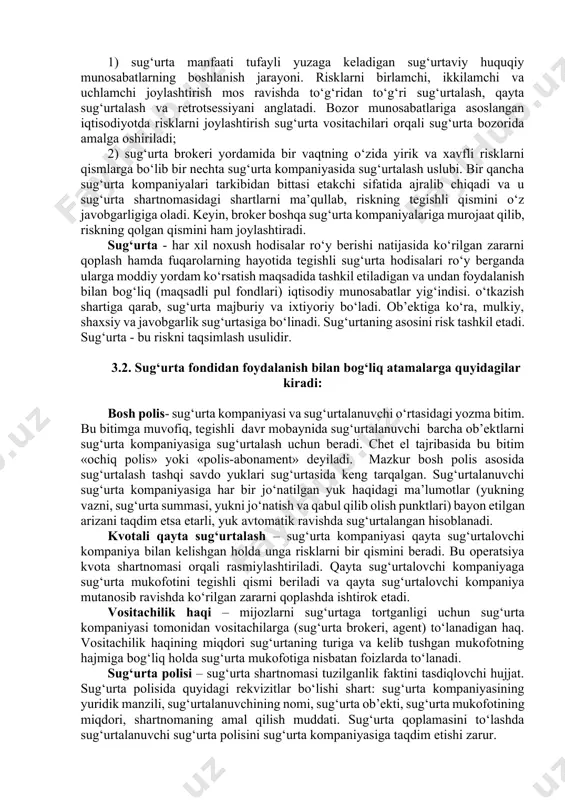 i orqali bepul tibbiy xizmat ko‘rsatilishi. tibbiy xizmat ko‘rsatish bilan bog‘liq xarajatlarni sug‘urta kompaniyasi to‘laydi. tibbiy sug‘urta majburiy yoki ixtiyoriy bo‘ladi. mulkiy sug‘urta - turli ko‘rinishdagi mol-mulklarni saqlash bilan bog‘liq manfaatlar sug‘urta munosabatlarining ob’ekti hisoblangan, sug‘urtaning mustaqil tarmog‘i. sug‘urtalanuvchining shaxsiy mulki, uning qaramog‘ida joylashgan mol-mulklar sug‘urtalanishi mumkin. sug‘urtalanuvchi sifatida, nafaqat mol-mulkning sohiblari, balki mol-mulkning saqlanishi uchun mas’uliyatli bo‘lgan jismoniy va yuridik shaxslar ham bo‘lishi mumkin. netto-stavka - brutto-stavkaning asosiy tarkibiy qismi. netto-stavka sug‘urta qoplamasini to‘lashga mo‘ljallangan pul mablag‘lari resurslari bo‘lib, u brutto-stavkaning 90 foizigacha miqdorini tashkil etishi mumkin. majburiy sug‘urta - sug‘urta munosabatlarinning qonun kuchiga ega bo‘lgan shakli. majburiy sug‘urta qonunchilik hujjatlari asosida amalga oshiriladi. ushbu hujjatda sug‘urtaga tortiladigan ob’ektlar soni, sug‘urta javobgarligining hajmi, sug‘urta munosabatlarida qatnashadigan tomonlarning huquq va majburiyatlari hamda boshqa rekvizitlar ko‘rsatiladi. amaldagi qonunchilikka asosan, o‘zbekistonda majburiy sug‘urtani tegishli litsenziyaga ega bo‘lgan har qanday sug‘urta kompaniyasi o‘tkazishi mumkin. shuningdek, majburiy davlat sug‘urta turlari ham mavjud. masalan, harbiy …