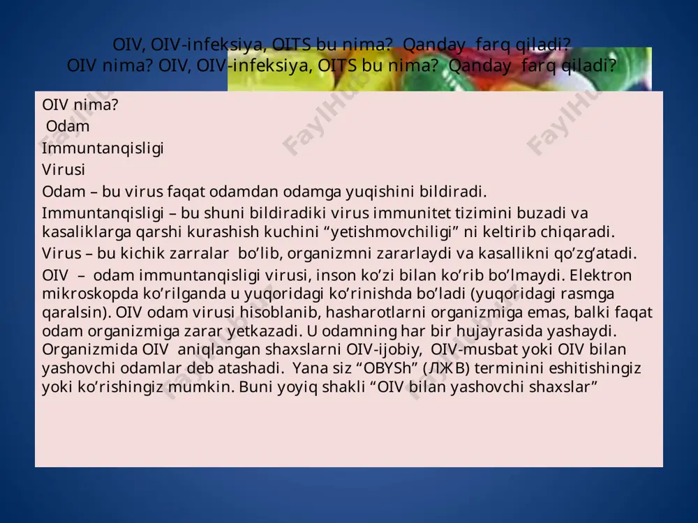 diromi 1981-yilning iyun oyida birinchi marta aqshning nyu-york va san-fransizko shaharlarida yosh erkaklar orasida yuqumli kasallik va teri o’smalarining ko’paygani haqida xabarlar paydo bo’ldi. ularda, o’pka yallig’lanishining, parazitlar kuzatuvchisi pnevmotsista (karinini) keltirib chiqarayotgani, hamda shilliq qavatlarning zamburug’lar (kandida) bilan zararlanishi, o’smalar (limfoma) paydo bo’lishi, sporalar va virus bilan zararlanganlarda bosh miya kasalliklari kelib chiqishi kuzatilgan. bu mikroorganizmlar sog’lom odamlar uchun xafvsiz bo’lgani holda, uning immun tizimi pasayganda, jadallik bilan rivojlanish xususiyatiga ega. 1986-yilda dunyoda 40 ming kishi oits bilan kasallangan, aqshda 30 mingga yaqin, fransiya va braziliyada 1 mingga yaqin, markaziy afrikada 4 mingga yaqin, angliya va boshqa mamlakatlarda 0.5 ming atrofida kasallanganlar qayd etilgan. 1987-yilda efiopiya, mozambik, gvineya-bisaudan kelgan fuqarolarning oitv bilan zararlangani aniqlangan. 1989-yil mamlakatimiz fuqarosida ham oitv infeksiyasi aniqlanadi: bu ayol afrika fuqarosiga erga tegib, uning ota-onasinikiga boradi. u yerda farzandli bo’ladi, ammo oilaviy kelishmovchilik natijasida qaytib keladi. qaytgandan so’ng unda mazkur virus aniqlanadi. xxi asr vabosi …