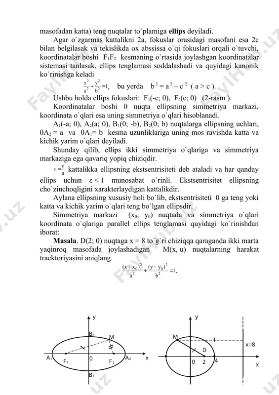 qlari koordinata o`qlariga parallel giperbola tenglama bilan aniqlanadi. yarim o`qlari teng, ya`ni a = b giperbolaga teng tomonli giperbola deyiladi. teng tomonlama giperbola tenglamasi x2 – y2 = a2 ko`rinishda bo`lib, uning asosiy to`g`ri to`rtburchagi kvadratdan iborat va ekstsentrisiteti ga teng. 4-rasm. 5-rasm. masala. asimptotalari tenglamalar bilan berilgan, fokus-lari orasidagi masofa 10 birlikka teng bo`lgan giperbola tenglamasini tu-zing. giperbola fokuslari abssissa o`qida yotadi deb qarab, uning kanonik tenglamasini tuzamiz: . fokuslar orasidagi masofa f1f2 = 2c = 10 bo`lganidan, c = 5. giperbola uchun c2 = a2 + b2 bo`lganidan va berilganidan foydalanib, quyidagi sistemani tuzamiz va uni yechamiz: sistema yechimi: va . demak, giperbola tenglamasi kanonik tenglamadan iborat (5–rasm). parabola va uning kanonik tenglamasi tekislikda fokusi deb ataluvchi berilgan f nuqtadan va direktrisasi deb ataluvchi berilgan dd( to`g`ri chiziqdan teng masofada yotuvchi nuqtalar tuplamiga parabola deyiladi. abssissa o`qi f fokus nuqtadan dd( direktrisaga perpendikulyar ravishda o`tuvchi, ordinata o`qi esa …