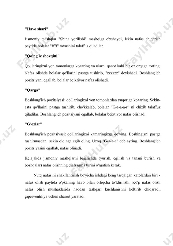 ntirish uchun asosdir. nafas olish jarayoniga e'tibor qaratmaslik uchun ko'rsatma faqat tovushning talaffuz davomiyligiga tegishli bo'lishi kerak. qoidaga ko'ra, fonatsion nafasni o'rgatish unli tovushlarning uzun talaffuzi bilan boshlanadi. nafas chiqarishda bir unlining uzun talaffuzini o'zlashtirgandan so'ng, ularning ikkita unli birikmasini bitta nafas chiqarishda birga talaffuz qilish taklif etiladi: a______ o______. asta-sekin, bir nafas chiqarishda quyidagi tartibda talaffuz qilinadigan unli tovushlar soni ortadi: a - o - u - i (standart unli tovushlar). ishning ushbu bosqichi sukunat yoki himoya nutq rejimida allaqachon amalga oshirilishi mumkin. ushbu mashqlar davomida duduqlanuvchi diafragma maydoniga qo'yilgan kaft bilan diafragmani va nafas chiqarishni nazorat qilishi mumkin. eshitish nazoratiga qo'shimcha ravishda, fonatsiyaning davomiyligi qo'lning yengil harakati bilan boshqarilishi mumkin.