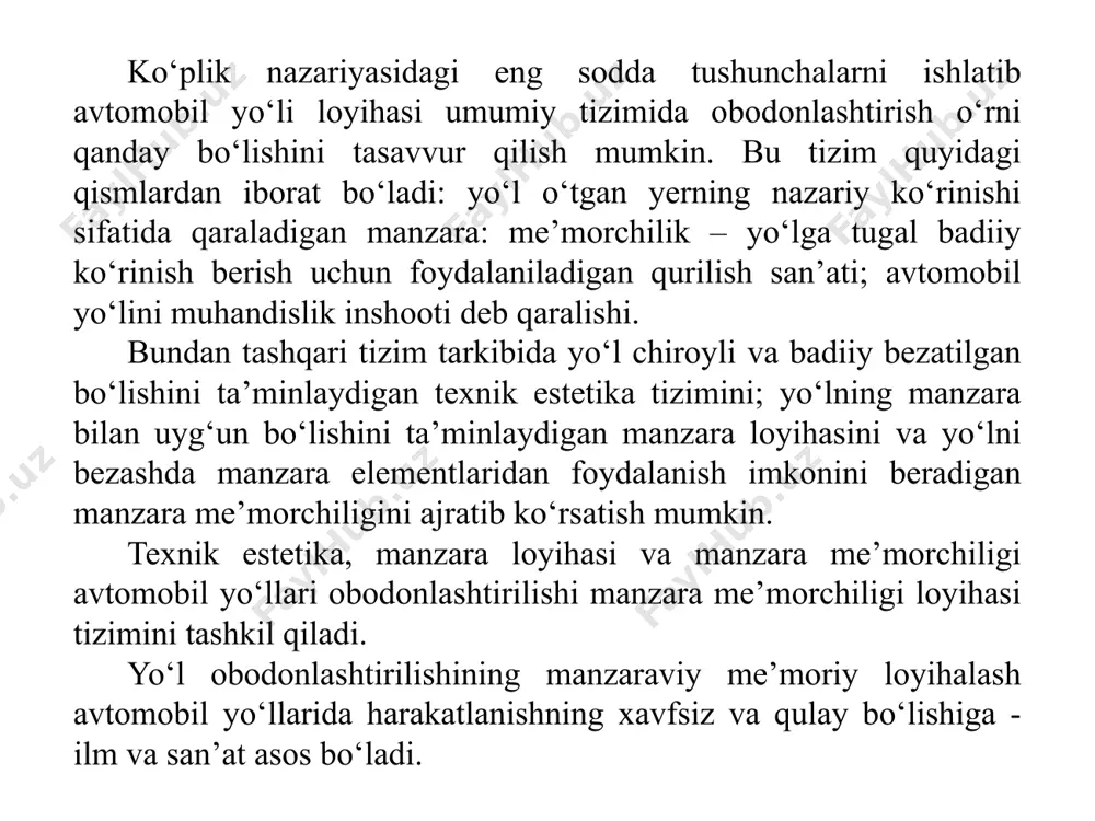 trassalash» ham deyiladi) ob’ektlarni barpo qilish; insonlar va avtomobillarga xizmat qilish tadbirlarining bir qismi sifatida yo‘lni obodonlashtirish va bezash. har qanday yo‘lning mohiyati – harakat hisoblanadi, lekin yo‘ldagi harakat (vaqt va makondagi) aniq mo‘ljal tomonga bo‘ladi vaqtda alohida bo‘ladigan yo‘l qismlari makonda bir butun idrok qilinishi uchun yo‘ldagi alohida shakllar, ularning yo‘l shu qismi (me’moriy havza) ansamblidagi o‘rni, makondagi birlik sifatida yo‘l shu qismi yo‘l yuradiganlarga uyg‘un, bir o‘lchamli, bir-biriga bog‘liq bo‘lib ko‘rinishi kerak. statiklik (harakatsizlik) fikri harakat, yo‘lning makon va vaqtda rivojlanishiga zid. yo‘l insonni albatta qandaydir maqsadga «olib boradi», shuning uchun makondagi yo‘l inshootlarining dinamik ko‘rinishi yo‘ldagilar uchun tushunarli, shakllardagi marom dinamikasi esa yo‘lning asosiy nuqtalariga yo‘nalgan bo‘lishi kerak. odatda harakat yo‘nalgan maqsad shaharlar, katta ko‘priklar bo‘ladi va yo‘ldagi insonlar ularga yaqinlashib qolishganini uzoqdan his qilishlari kerak. bunga erishish uchun yo‘lda ko‘rinadigan shakllarning maromi aniq bo‘lishi, shahar oldidagi ikki-uch me’moriy havzalar dinamikasida bog‘liqlik bo‘lishi, har bittasining ichida, ayniqsa, …