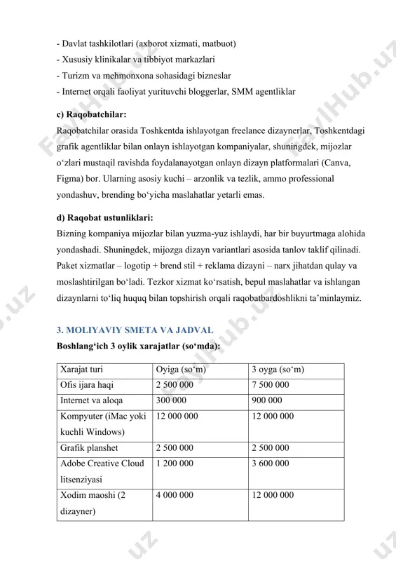 ri mustaqil ravishda foydalanayotgan onlayn dizayn platformalari (canva, figma) bor. ularning asosiy kuchi – arzonlik va tezlik, ammo professional yondashuv, brending bo‘yicha maslahatlar yetarli emas. d) raqobat ustunliklari: bizning kompaniya mijozlar bilan yuzma-yuz ishlaydi, har bir buyurtmaga alohida yondashadi. shuningdek, mijozga dizayn variantlari asosida tanlov taklif qilinadi. paket xizmatlar – logotip + brend stil + reklama dizayni – narx jihatdan qulay va moslashtirilgan bo‘ladi. tezkor xizmat ko‘rsatish, bepul maslahatlar va ishlangan dizaynlarni to‘liq huquq bilan topshirish orqali raqobatbardoshlikni ta’minlaymiz. 3. moliyaviy smeta va jadval boshlang‘ich 3 oylik xarajatlar (so‘mda): xarajat turi oyiga (so‘m) 3 oyga (so‘m) ofis ijara haqi 2 500 000 7 500 000 internet va aloqa 300 000 900 000 kompyuter (imac yoki kuchli windows) 12 000 000 12 000 000 grafik planshet 2 500 000 2 500 000 adobe creative cloud litsenziyasi 1 200 000 3 600 000 xodim maoshi (2 dizayner) 4 000 000 12 000 …