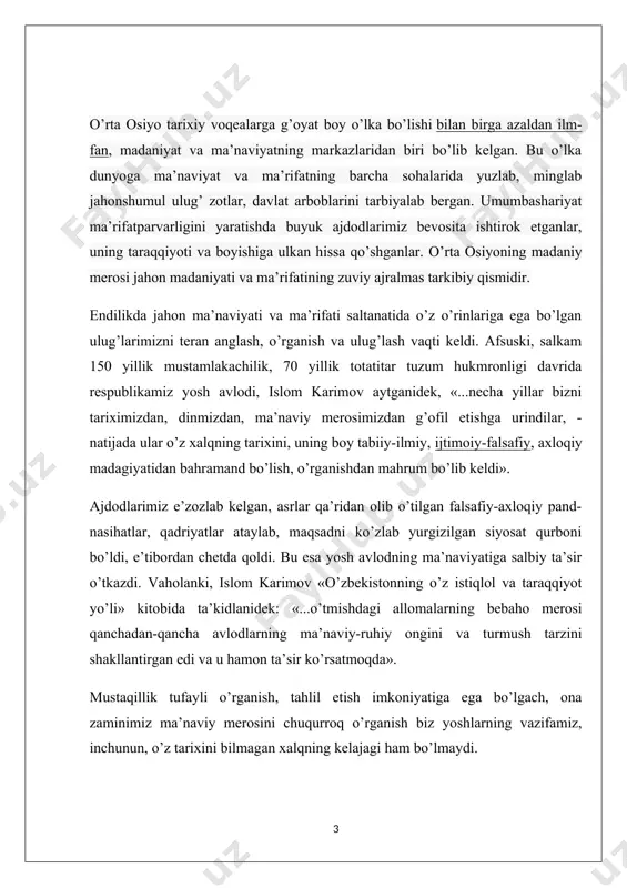 di. /arb uyg’onish davri uchun feodalizmga, dinga qarshi kurash xos bo’lsa, sharqda masalaning g’arbdagidek keskin qo’yilishini ko’rmaymiz. sharq va /arb uyg’onishi uchun umumiy xususiyatlar antik davrga murojaat qilish, uni qayta tiriltirish, tabiiy fanlar rivoji, fanda universallikni (qomusiylik), gumanizmni targ’ib etish va boshqalarda namoyon bo’ladi. sharq renessansi davri quyidagi umumiy xususiyatlarga ega: 1) madaniyat, dunyoviy fanlar va islom aqidashunoslikgining taraqqiyoti; 2) yunon, rum, fors, hind va boshqa madaniyatlar yutuqlariga suyanish; 3) astranomiya, matematika, minerologiya, jug’rofiya, kimyo va boshqa tabiiy fanlar rivoji; 4) uslubda (metodologiya)- rastionalizm, mantiqning ustunligi; 5) insoniy do’stlik, yuksak axloqiylikning targ’ib etilishi; 6) falsafaning keng darajada rivoj topishi; 7) adabiyot, she’riyat, ritorikaning (notiqlik) keng rivoji; 8) bilimdonlikning qomusiy xarakterda ekanligi. bu davrga kelib, avvalo o’rta osiyo, eron, iroq va suriya ilmu-fan va madaniyatning yirik o’chog’iga aylandi. xorazm, buxoro, xirotda yirik ilmiy markazlar tashkil topdi. xorazmiy, farobiy, ibn sino, farg’oniy, beruniy, imom al-buxoriy, imom moturudiy, imom iso at-termiziy, hakim at-termiziy, …
