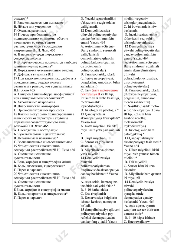 yron yadrolari 2 periferik nerv ustuning xususiyati nima bulib xisoblanadi?n.n.yaxno460 a. miyelin qobig'ining mavjudligiga qaramasdan lemmositlar bilan o'ralgan * b. aksopoazmatok toq с. ko‘pgina periferik tolalar miyelin qobig‘i bilan qoplangan d. nerv tolalari nerv to‘plamlarini hosil qiladi. 3 periferik nerv sistemasi shikastlanishining sababi nima bo'lishi mumkin?n.n.yaxno461 a. neyron yoki lemmositlarda auto immune jarayonlar va hujayra jarayonlarining buzilishi * b. immunologik jarayonlar va hujayra jarayonlarining buzilishi va neyronlarning yallig'lanishi с. bosh miya tomirlarining spazmi va kengayishi d. bosh miya ichi bosimning oshishi 4 periferik asab tizimining zararlanishining nechta va qaysi asosiy variantlari ajralib turadi?n.n.yaxno461 a. 4 ta asosiy variant: vallerov jarohati, aksonal degeneratsiya, segmentar demyelinatsiya, neyronlar tanasining birlamchi shikastlanishi* b. 3 ta asosiy variant: vallerov jarohati, aksonal degeneratsiya, segmentar demyelinatsiya с. 2 asosiy variant: atrofiya va gipertrofiya d. 2 ta asosiy variant: yallig'lanishli va yallig'lanishsiz 5 periferik nerv shikastlanishida periferik asab tizimiga qanday shikastlanishlar xarakterli?n.n.yaxno461 a. vallerov jarohati * b. aksonal …