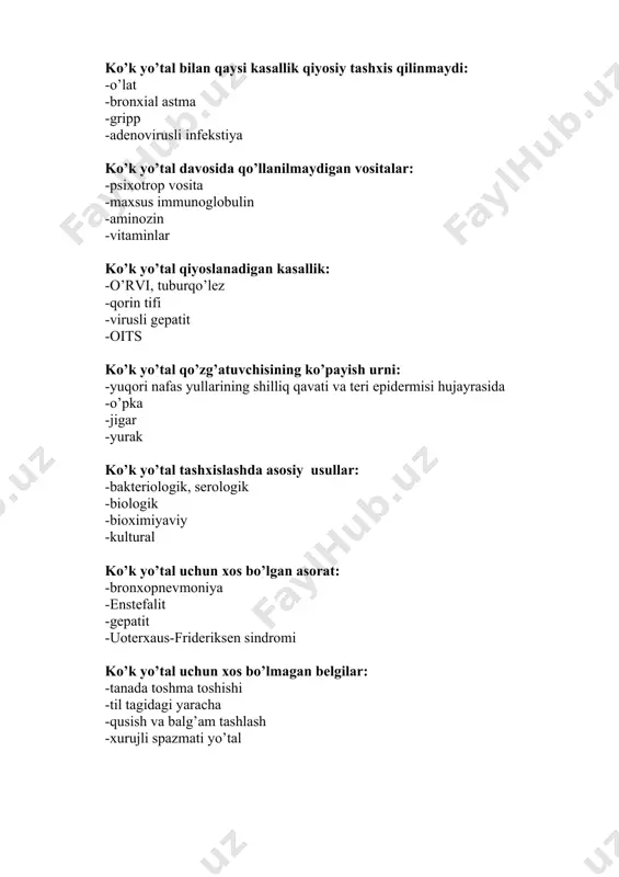 ’riq -limfa tugunlarining aniq konfigurastiyasi, og’riq -teri odatiy rangda, og’riq o’latda infekstiya yuqtiruvchilar: -burgalar -bitlar -kanalar -chivinlar oits abdominal shakli uchun noxos belgi: -sigmasimon ichakning yo’g’onlashuvi -qorinda og’riq -ich ketishi -quldirash oits dan darak bermaydigan omil: -60 yoshdan kattalarda kaposhi sarkomasi -uzoq1-2 oy cho’ziladigan sababsiz isitma -mns limfomasi -uzoqchuziladigan sababsiz ich ketish oits davolashda qo’llanilmaydigan vosita: -immunodepressantlarni qo’llash -oits virusiga ta’sir qilish -immunostimulyastiya -opportunistik infekstiyalarga qarshi ko’rash oits davolashda yuqori natija beradigan dori vositasi: -azoditimidin -virozol -reoferon -immunomodulin oits ni inkor qiluvchi holatni aniqlang: -tug’ma immunotaqchillik -sababsiz limfopeniya -50 yoshgacha bo’lgan odamlarda kaposhi sarkomasi -sababsiz 1-2 oy davom etuvchi isitma oits ni laborator usulda tekshirishda olinmaydigan material: -siydik va najas -qon -limfa suyuqligi -shaxvat oits ning ichak shakli uchun noxos belgi: -oligouriya, anuriya -kechqurunlari tana harorati oshishi -surunkali ich ketish -vaznini yo’qotish oits ning noxos klinik shakli: -abdominal shakli -ichak shakli -sterebral -disseminastiyalashgan va differenstiyalashmagan shakli oiv ko’payishini tuxtatish uchun …