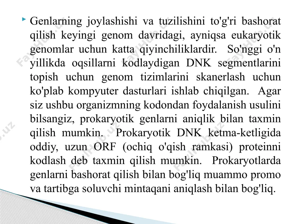 lari yoki funktsional rnk kodlash hududlarini aniqlash uchun ishlatiladi. rufning mavjudligi bu mintaqa doimo tarjima qilinishini anglatmaydi. masalan, har bir nukleotidning teng foizli tasodifiy hosil bo'lgan dnk ketma-ketligida, 21 ta kodondan bir marta to'xtash kodoni kutilishi mumkin. prokaryotlarning oddiy genlarini aniqlash algoritmi original kodonni izlashi mumkin, so'ngra odatdagi oqsilni kodlash uchun etarli bo'lgan ochiq o'qish doirasi mavjud. bu mintaqaning kodonidan foydalanish ma'lum bir organizmning kodlash mintaqalari uchun chastota javobiga mos keladigan joyda. biologik ahamiyati shu sababli, ba'zi mualliflarning ta'kidlashicha, ruf minimal uzunlikka ega bo'lishi kerak, masalan 100 kodon yoki 150 kodon. o'z-o'zidan, hatto ochiq o'qish doirasi ham ma'lum bir gen mavjudligini ishonchli dalil emas. boshqa tomondan, oqsilni kodlovchi genlarning klassik xususiyatlariga ega bo'lmagan (ncrna kabi) ba'zi qisqa orflar (sorf) isbotlangan mrna dan), funktsional peptidlarni ishlab chiqarishi mumkin. ma'lumki, sutemizuvchi mrnkning taxminan 50% ning 5'ntr bir yoki bir nechta sorflardan iborat. sinflarni tarjima qilishni boshlash uchun eksperimental ravishda topilgan saytlarning 64-75 …