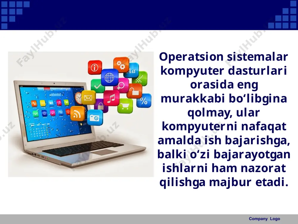 larni ko‘chirish, o‘chirish, monitorning ishlash holatini o‘zgartirish, matnlarni displeyga yoki chop etish qurilmasiga yuborish kabi vazifalarni bajaradi. company logo magnit disk qobiq-dastur – operatsion sistema boshqaruvida ishga tushiriladigan va foydalanuvchiga shu operatsion sistema bilan ishlashga ko‘maklashadigan dasturdir. company logo eng birinchi ommalashgan qobiq-dasturlardan biri norton commander deb nomlanadi. norton commander hozirgi kunda keng tarqalgan windows commander, total commander, far manager kabi qobiq-dasturlar norton commander dasturining asosiy ish tamoyillarini o‘zida saqlab qolgan. company logo norton commanderdan foydalanuvchi qobiq-dasturni tark etmasdan turib, biror dasturni tuzishi yoki matnni tayyorlashi, ularni tahrirlashi va ishga tushirishi mumkin. company logo qiziqarli ma’lumotlar. company logo bell laboratoriyasi xodimlari denis ritchi va ken tompsonlar tomonidan ishlab chiqilgan unix operatsion tizimi dunyo dasturchilari tan olgan juda kuchli operatsion sistemalardan biri hisoblanadi. tux linux operatsion sistemasining emblemasi sifatida tux (o‘qilishi: tuks) nomli pingvincha qabul qilingan. ko‘plab mamlakatlardagi dasturchilar linux operatsion sistemasi o‘zagi asosida o‘zoperatsion tizimlarini ishlab chiqmoqdalar. company logo o‘zbekistondagi …