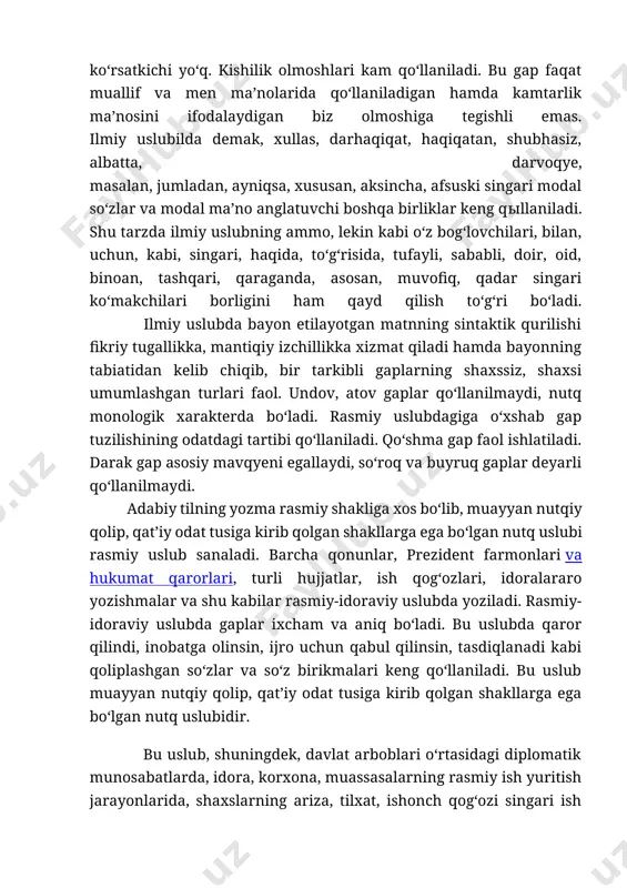 bo‘lgan nutq uslubi rasmiy uslub sanaladi. barcha qonunlar, prezident farmonlari va hukumat qarorlari, turli hujjatlar, ish qog‘ozlari, idoralararo yozishmalar va shu kabilar rasmiy-idoraviy uslubda yoziladi. rasmiy-idoraviy uslubda gaplar ixcham va aniq bo‘ladi. bu uslubda qaror qilindi, inobatga olinsin, ijro uchun qabul qilinsin, tasdiqlanadi kabi qoliplashgan so‘zlar va so‘z birikmalari keng qo‘llaniladi. bu uslub muayyan nutqiy qolip, qat’iy odat tusiga kirib qolgan shakllarga ega bo‘lgan nutq uslubidir. bu uslub, shuningdek, davlat arboblari o‘rtasidagi diplomatik munosabatlarda, idora, korxona, muassasalarning rasmiy ish yuritish jarayonlarida, shaxslarning ariza, tilxat, ishonch qog‘ozi singari ish yuritish qog‘ozlarida qo‘llaniladí. rasmiy uslub yozma shaklda ro‘yobga chiqadi. u har qanday tasviriy vositalardan, obrazlilikdan xoli bo‘ladi. bunday uslubda tilning ikki vazifasi - axborot uzatish va da’vat etish, buyurish vazifasi amalga oshadi. rasmiy uslubga xos har qaysi hujjat turining o‘ziga xos leksik, grammatik xususiyatlari mavjud. rasmiy ish qog‘ozlarining sintaktik tuzilishi qat’iy qoliplarga bo‘ysunadi. ma’muriy-boshqaruv faoliyatida xizmat mavqeiga ko‘ra hujjatlar hozirgi kunda, asosan, …