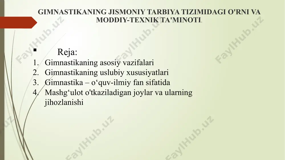 uniy, ibn sino gimnastikani davolash va sog'lomlashtirish vositasi sifatiga yuqori baho berishgan. rus olimlari i.m. sechenov, i.p. pavlov, i.n. mechnikov, p.f. lesgaftlar jismoniy mashqlarga, jumladan, gimnastika mashqlariga katta ahamiyat berib, «bu mashqlarni hayotiy faoliyat hamda ish unumdorligini oshirishini, organizmning kasallikka chidamliligini tarbiyalash va faol dam olishning eng yaxshi vositasi», deb tan olishgan. jismoniy tarbiya vositasi sifatida gimnastika uzoq vaqt mobaynida rivojlanib kelgan. uning qaror topishi ijtimoiy tuzuv o‘zgarishi bilan, odam haqidagi fanning rivojlanishi bilan, shuningdek, urush qilish usullarining o‘zgarishi bilan bog‘liq bo‘lgan. bular gimnastikaning mazmunan o‘zgartirishga, uning o‘qitish metodik va hatto mashqlarni bajarish texnikasining o‘zgartirishiga ham muhim ta’sir ko‘rsatgan. jismoniy tarbiya xalqlarni vatanparvarlik ruhida tarbiyalashning tarkibiy qismi, kishilarni mehnatga, vatan himoyasiga tayyorlashning jismoniy jihatdan barkamol bo‘lib yetishtirishning ta’sirchan vositasidir. gimnastika yunoncha «gimnos» so‘zidan kelib chiqqan bo‘lib, «yalong‘och» degan ma’noni anglatadi. shuningdek, yunoncha (mashq qildiraman) so‘zining kishi salomatligini mustahkamlash, uni har tomonlama jismoniy tarbiyalash va harakat qobiliyatlarini, kuchi, chaqqonligi, harakat tezkorligi, …