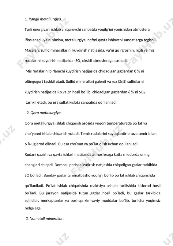 i, natijada mayda oshaktosh changlari chiqadi. shisha olishda qum va maydalangan shisha siniqlari pechda suyuqlantiriladi, natijada tutun va gazlar hosil bo`ladi, bular tarkibida zaharli mashsulotlar karbonatlar, nitratlar, xloridlar, ftoridlar bo`ladi. bu barcha manbalarni qazib olish, maydalash, tashish materiallarni saqlashda yuqori miqdorda qo`pol va mayda changlar hosil bo`ladi. bu esa ishlab chiqarishda ishchilar uchun jiddiy xavf tug`diradi. 4. neftni tozalash. neftni tarkibida oltingugurt, organiq uglevodorodlar, anorganiq birikmalar, ishqoriy va ishqoriy yer metallari bo`ladi. neftni tozalash va qayta ishlashda turli uglevodorodlar-reaktiv yoqilg`i, mazut, bitum neft ximiyaviy sanoat uchun olinadi. neftni qayta ishlashda past sifatli neftni yonishi havoni ifloslaydi. mash‘alani yonish rejimi buzilishi natijasida mayda qurum zarrachalari hosil bo`ladi, shuningdek katalitik krekinglashda atmosferaga qattiq zarrachalar tushadi. bu jarayon mavhum qaynash qatlamli reaktorlarda amalga oshiriladi, katalizatorni jarayonda ko`p marotaba qo`llash natijasida vodorod sulfid va merkaptan hosil bo`ladi. bu moddalar yoqilg`ini yengil navlari ajralishida hosil bo`lib, dvigatelni korroziyaga uchrashiga sabab bo`ladi. texnologiyadan ratsional foydalanish natijasida …
