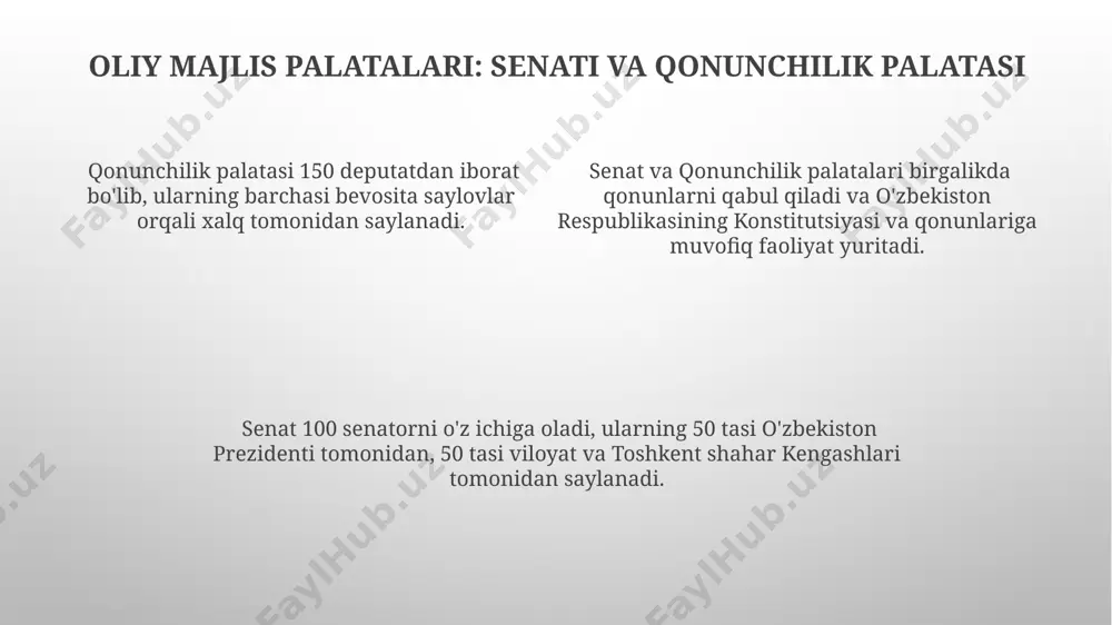 ida 2/3 deputatlarning roziligi bilan ularni bekor qilish huquqiga ega. oliy majlis qonunlarni qabul qiladi, hukumat esa ularning ijrosini ta’minlashga majbur, bu jarayon konstitutsiyaning 97-moddasi bilan tartibga solingan. oliy majlisning tuzilishi va vakolatlari oliy majlis ikki palatali parlament bo'lib, qonunchilik palatasi 150 deputatdan va senat 100 senator (har viloyatdan 5 ta, qoraqalpog'iston respublikasidan 5 ta va toshkent shahridan 5 ta senator) dan iborat. qonunchilik palatasi a'zolari 5 yil muddatga saylanadi, senat a'zolari esa 5 yil muddatga saylanadi, lekin ularning yarmi har 2,5 yilda yangilanadi. oliy majlisning vakolatlariga qonunlarni qabul qilish, o'zbekiston respublikasi prezidentini saylash, byudjetni tasdiqlash va boshqa muhim davlat masalalari kiradi. e'tiboringiz uchun rahmat @taqdimot_robot image1.png image2.png image3.png