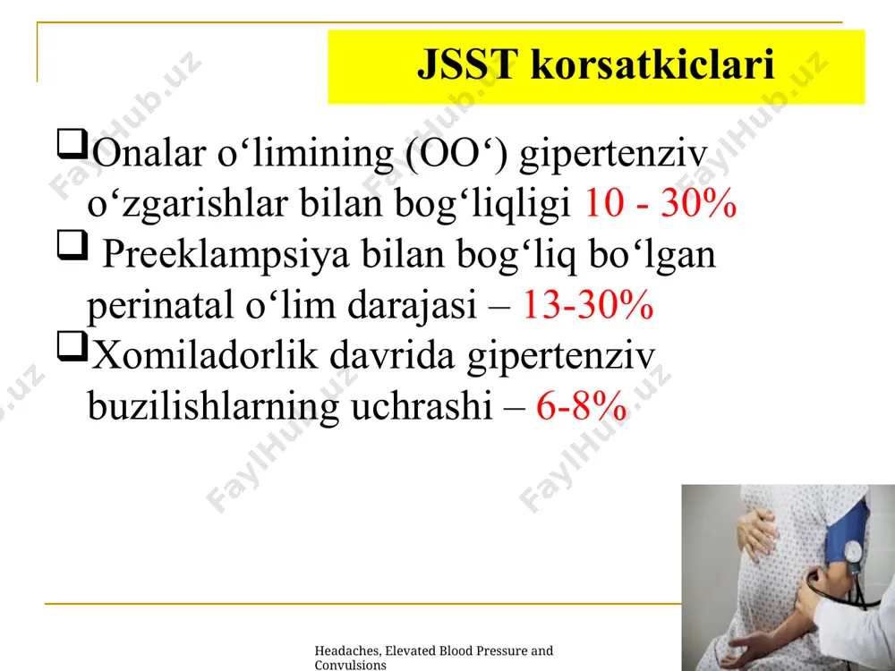 labetolol nifedipin (korinfar, аdalat 5mg til ostiga, 10 dak. soʻng а/b pasaymasa, yana 5mg til ostiga) 1a.homiladorlik vaqtida uzoq vaqt davomida ag.ni davolash uchun eng yaxshi tanlov vositasi- metildopa(dopegit) аsoslar: аgar dаqb > 110 mm sim.ust. boʻlsa, antigipertenziv vositalar yuborishni boshlang miyaga qon quyilishining oldini olish uchun dаqb - 90-100 mm rt. st. miqdorda saqlab turing 9/10/2024 11 when a patient seizes, it is important to ensure that the airway is clear, oxygen is being delivered to the tissues and the patient cannot harm herself. treatment includes antihypertensives and anticonvulsants. antihypertensives include hydralazine, labetolol and nifedipine. the goal is to lower blood pressure, but not to drop it too much or too fast, as that can cause intracranial hemorrhage. headaches, elevated blood pressure and convulsions 12 gestatsion gipertenziya gestatsion gipertenziya – homiladorlikning 20 xaftasidan soʻng boshlangan gipertenziya dаqb homiladorlikning 20 xaftasidan soʻng 1 soat interval bilan 2 marta oʻlchanganda 3a. …