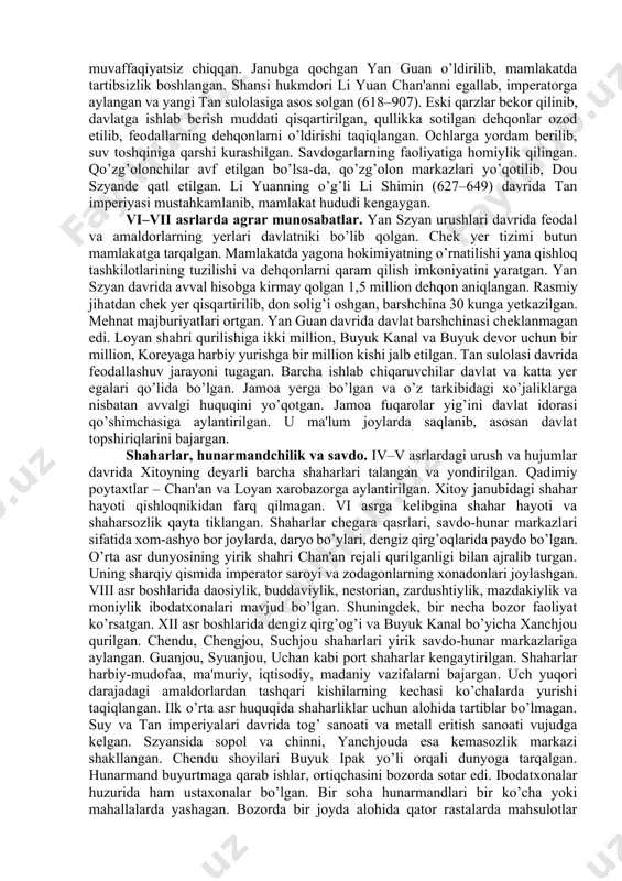 lashkarboshi tomonidan shimolga qilingan yurishlar muvaffaqiyatsiz tugagan. tobi hukmronligi davrida shimoliy vey davlati ham inqirozga uchray boshlagan. yerlar esa «kuchli xonadonlar» qo’liga o’ta boshlagan. hunarmandchilik deyarli to’xtagan. 485- yilda yirik yer egaligini cheklashga qaratilgan imperator farmoni e'lon qilingan. tarixshunoslikda u «chek yer tizimi» deb nom olgan. u iii asrdagi szin davlati o’tkazgan agrar islohotlarni davomi hisoblangan. qonunga ko’ra, barcha dehqonlarga feodalga bog’liq bo’lmagan yerga egalik qilish huquqi berilgan. 15–17 yoshli erkak va ayollar haydaladigan yerga egalik qila olganlar. erkaklar ayollarga nisbatan ko’proq yer olgan. yerda donli ekinlar yetishtirish majburiy hisoblangan. qarilik yoshi, mehnatga layoqatsizlik, o’lim tufayligina yer boshqa kishi qo’liga o’tgan. yerni sotish va ijaraga berish taqiqlangan. chek yerning ikkinchi qismida kanop, sabzavot va tut daraxti yetishtirilgan. yerning mazkur qismi amalda merosiy hisoblanar, uni ba'zi hollarda sotish mumkin bo’lgan. chek yer uchun xazinaga don, ipak, kanop matosi hamda xom-ashyosi to’langan. bundan tashqari, chek yer egasi ma'lum muddat davlat foydasiga ishlab …