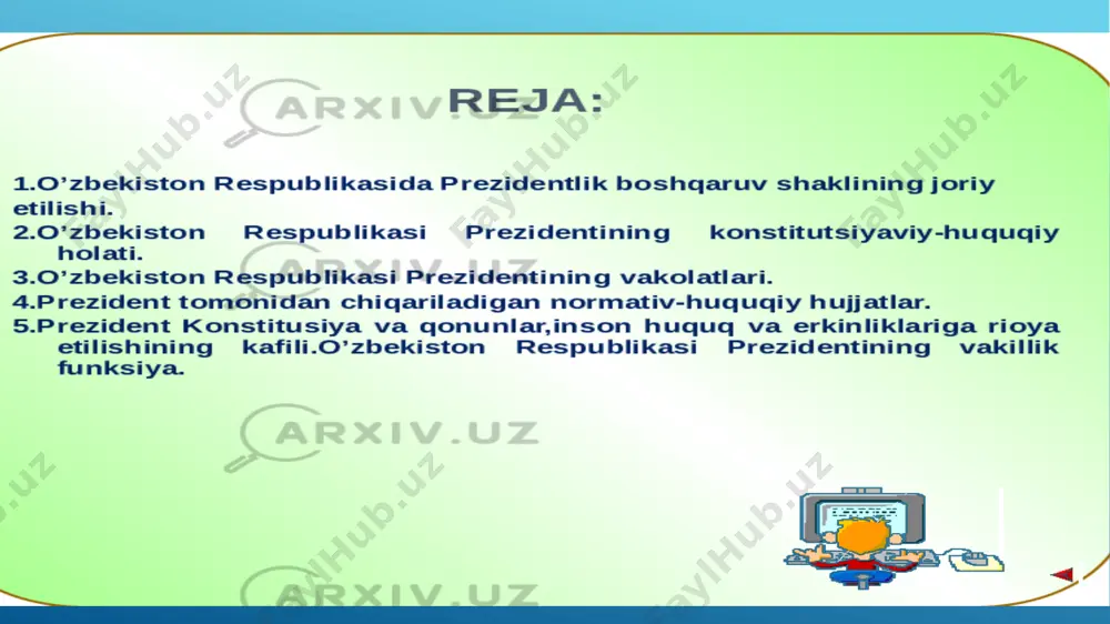 ijro etuvchi hokimiyat boshlig‘i sifatida islohotlarning tashabbuskori, yangilanish va o‘zgarishlar jarayonini harakatga keltiruvchi asosiy kuchga aylandi. (1) o‘zbekiston respublikasi oliy kengashining axborotnomasi, 1990.– № 10-11, 197-modda. (2) karimov i.a. xavfsizlik va barqaror taraqqiyot yo‘lida. t. 6. – t.: o‘zbekiston, 1998. – b.140. (3) karimov i.a. o‘zbekiston mustaqillikka erishish ostonasida. – toshkent: o‘zbekiston, 2011. foydalanilgan adabiyotlar image1.png /docprops/thumbnail.jpeg