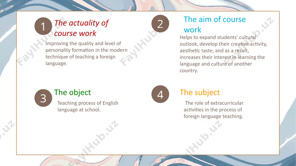 es on the foreign language principles of the organization of extracurricular work on the foreign language chapter ii. organization of foreign language extracurricular activities use the internet in extracurricular work on english language used extracurricular activities during practical work in conclusion, it can be said that extracurricular activities play an important role in teaching a foreign language and are carried out depending on the specificity of the subject. it solves two main tasks: first, to develop interest, deepen knowledge, improve skills and "abilities" in this subject; secondly, organizing free time for general development, moral and aesthetic education of students. it serves to develop and deepen students' interest in a foreign language, to improve their practical skills and qualifications, to expand their cultural outlook and general educational level. the main differences of extracurricular work from education: 1. voluntary participation of students in extracurricular activities, as opposed to compulsory educational activities. 2. …