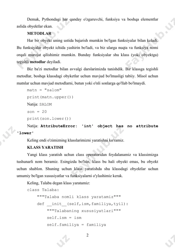 yaratishni ko'ramiz. klass yaratish yangi klass yaratish uchun class operatoridan foydalanamiz va klassimizga tushunarli nom beramiz. esingizda bo'lsin, klass bu hali obyekt emas, bu obyekt uchun shablon. shuning uchun klass yaratishda shu klassdagi obyektlar uchun umumiy bo'lgan xususiyatlar va funksiyalarni o'ylashimiz kerak. keling, talaba degan klass yaratamiz: class talaba: """talaba nomli klass yaratamiz""" def __init__(self,ism,familiya,tyil): """talabaning xususiyatlari""" self.ism = ism self.familiya = familiya self.tyil = tyil kodimizni tahlil qilamiz: · class talaba — talaba nomli klass yaratdik. klasslarga nom berishda uning birinchi harfini katta harfdan boshlash tavsiya qilinadi. agar klass nomi 2 va undan ko'p so'zdan iborat bo'lsa har bir so'zni katta harf bilan boshlang. · def __init__(self) — klassga tegishli xususiyatlarni saqlovchi maxsus metod (funksiya). self kalit so'zi ingliz tilidan "o'zi" deb tarjima qilinadi, va bu klassdan yaratilgan obyektning o'ziga ishora qiladi. ya'ni keyinchalik biz obyekt ichidagi metodga murojat qilganimizda shu obyektning o'zi birinchi bo'lib funksiyaga argument sifatida uzatiladi, …