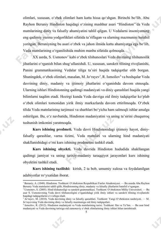 , oilaning boshlig‘i “grihapati” (oiladagi boshqaruvchi yoki ota) deb atalgan. grihapati oilaning moddiy va ma’naviy farovonligiga javobgar bo‘lgan, u oilaning barcha a’zolarini boshqargan va oilaning barcha iqtisodiy faoliyatini nazorat qilgan. veda davrida hindiston jamiyati har bir insonning ijtimoiy roli va vazifalarini aniqlashda muhim ahamiyatga ega bo‘lgan varna tizimi asosida shakllangan. bu tizimning o‘ziga xosligi shundaki, u jamiyatni to‘rt asosiy guruhga ajratgan va har bir guruhning o‘ziga xos vazifalari, majburiyatlari va huquqlari bo‘lgan. varna tizimi, nafaqat diniy va ijtimoiy muammolarni, balki iqtisodiy va siyosiy tuzilmani ham belgilagan. 1. brahminlar (ruhoniylar)[footnoteref:5]. brahminlar varna tizimining eng yuqori sinfini tashkil etgan va ularning asosiy vazifasi diniy xizmatlarni bajarish, veda matnlarini o‘rganish va o‘rgatish, shuningdek, jamiyatni ruhiy va axloqiy jihatdan yo‘naltirish edi. brahminlar, birinchi navbatda, diniy marosimlarni o‘tkazgan, yuksak ma’naviy bilimlarga ega bo‘lgan va ijtimoiy ierarxiyada eng yuqori o‘rinda turgan. ularning ilm-fan, diniy bilimlar va falsafiy qarashlar jamiyatni shakllantirishda muhim rol o‘ynagan. brahminlar barcha boshqa …