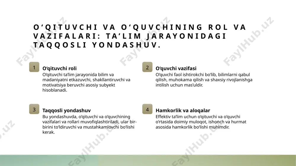 oshirishga xizmat qiladi. o‘qituvchi va o‘quvchining faol ishtirokining pedagogik asoslari 1 interaktivlik - o‘qituvchi va o‘quvchi faol ishtiroki uchun interaktiv usullar muhimdir. bu, o‘quvchilarning fikr yuritishini va muhokama qilish qobiliyatini rivojlantiradi, shuningdek, ta’lim jarayonini yanada samarali qiladi. 2 motivatsiya - faol ishtirok uchun o‘quvchilarni motivatsiya qilish muhim. bu, ularning qiziqishini oshiradi, o‘z fikrlarini erkin ifoda etishga undaydi va o‘quv jarayoniga qiziqishni kuchaytiradi. 3 shaxsiy rivojlanish - faol qatnashish orqali o‘quvchilar shaxsiy rivojlanishga erishadi. ular mustaqil fikrlash, muammo hal qilish va ijodiy yondashuvlarni rivojlantiradi, bu esa ta’lim sifatini oshiradi. 4 texnologik vositalar - zamonaviy texnologiyalar yordamida faol ishtirokni kuchaytirish mumkin. interaktiv ta’lim platformalari, virtual muhitlar va mobil ilovalar o‘quvchilarning qiziqishini va ishtirokini oshiradi. taʼlim jarayonida o‘quvchilarning faol fikrlash va muhokama qilish imkoniyatlari 1 ijodiy fikrlash imkoniyatlari - o‘quvchilarga muammolarni hal qilishda ijodiy fikrlashni rivojlantirish uchun turli muhokama va loyiha ishlari taklif qilinadi, bu ularning analitik va kreativ qobiliyatlarini oshiradi. 2 muloqot …
