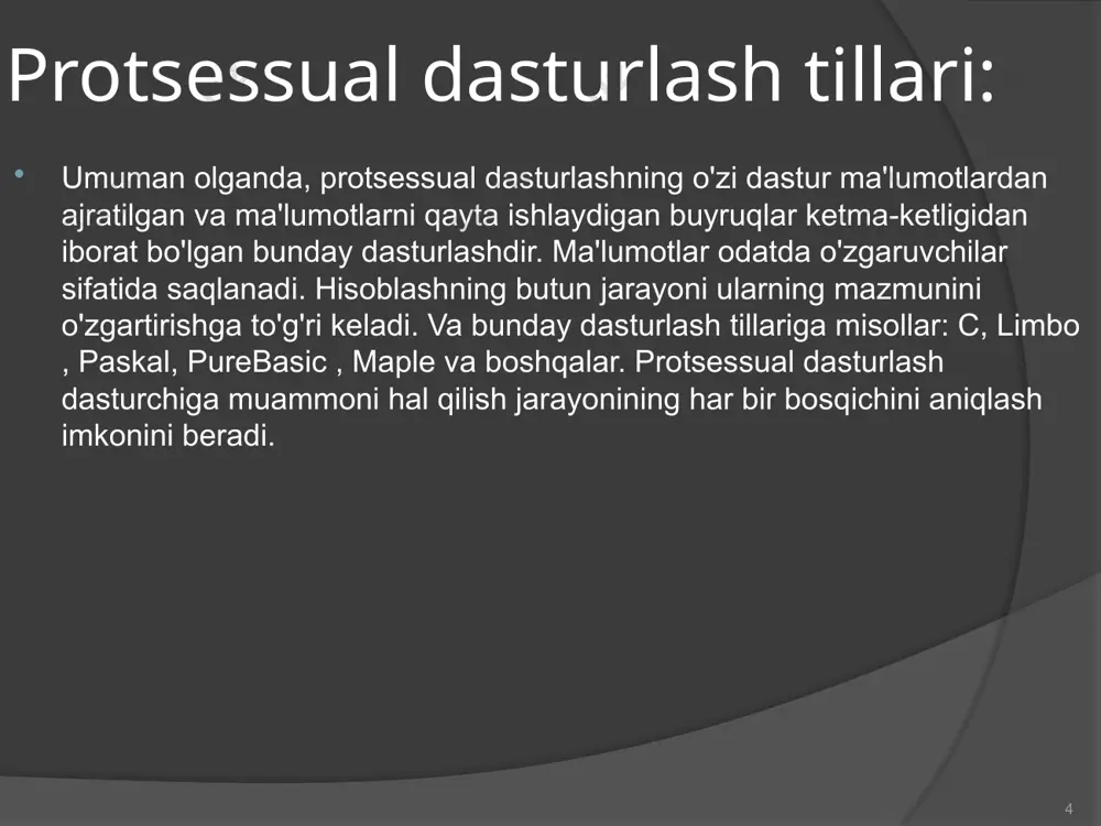 liga, mashinaga yaqin tilga yoki ob'ekt moduliga aylantirishdir. kompilyatsiya deganda manba kodli fayllarni qayta ishlash va loyiha obyekti fayllarini yaratish tushuniladi. ushbu qadam bajariladigan faylni yaratmaydi. buning o'rniga, kompilyator oddiygina yuqori darajadagi kodni mashina tiliga tarjima qiladi. 11 nosozliklarni tuzatish: nosozliklarni tuzatish - bu kompyuter dasturini ishlab chiqish bosqichi bo'lib, unda xatolar aniqlanadi, mahalliylashtiriladi va yo'q qilinadi. ko'pincha, murakkab dasturlarni yozishda, disk raskadrovka jarayoni, bu jarayonni avtomatlashtiradigan maxsus dasturlar mavjudligiga qaramay, juda uzoq vaqt talab qilishi mumkin. dasturchi, albatta, dasturni tuzatishda ishtirok etishi kerak. 12 dasturni tuzatish usullari. dasturdagi xatolikni lokalizatsiya qilish va aniq tabiatini aniqlash uchun dasturni tuzatishning statik va dinamik usullari qo'llaniladi. statikga usullari kompyuterda disk raskadrovka dasturining bajarilishini talab qilmaydigan disk raskadrovka usullarini o'z ichiga oladi. ular, odatda, dasturchidan ko'p kuch va kam kompyuter vaqtini talab qiladi. ular universaldir va har qanday dasturlash tilida va har qanday kompyuterda yozilgan dasturlarni tuzatish uchun mos keladi. statik usullarga quyidagilar …