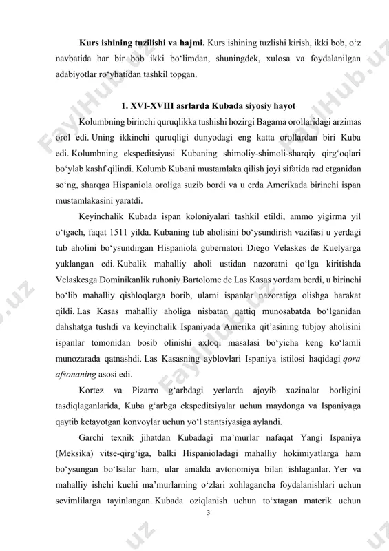 liy ishchi kuchi ma’murlarning o‘zlari xohlagancha foydalanishlari uchun sevimlilarga tayinlangan. kubada oziqlanish uchun to‘xtagan materik uchun dastlabki ekspeditsiyalardan birining yozuvlaridan olingan anekdot kubadagi sharoitlar haqida tasavvur beradi. bir guruh mahalliy aholi ispan noziri tomonidan shunchalik qattiq ishlaganki, ular hammasi o‘z joniga qasd qilishga qaror qilishgan. bir kuni kechasi ular o‘rmonga o‘zlarini osish uchun ketishdi. ammo ularning noziri ularning rejalarini eshitib, o‘rmonga ergashib, ularga duch keldi. u ularga, agar ular o‘z joniga qasd qilsalar, u ham o‘z joniga qasd qilishlarini va oxiratga ergashishini va u erda yanada qattiqroq va qattiqroq ishlashini aytdi. bu istiqbol mahalliy aholini o‘z joniga qasd qilish haqidagi fikrlarini o‘zgartirishga majbur qildi. kubada birinchi sanoat chorvachilik va ekspeditsiyalarni jihozlash uchun oziq-ovqat ishlab chiqarish edi. xvii va xviii asrlarda teri uchun qoramol terilari kubaning yevropaga eksport qilinadigan eng muhim mahsuloti edi. tamaki ham muhim ekin edi. shakar qamish yetishtirish erta rag‘batlantirildi, ammo xviii asrgacha muvaffaqiyat qozonmadi va faqat xix …