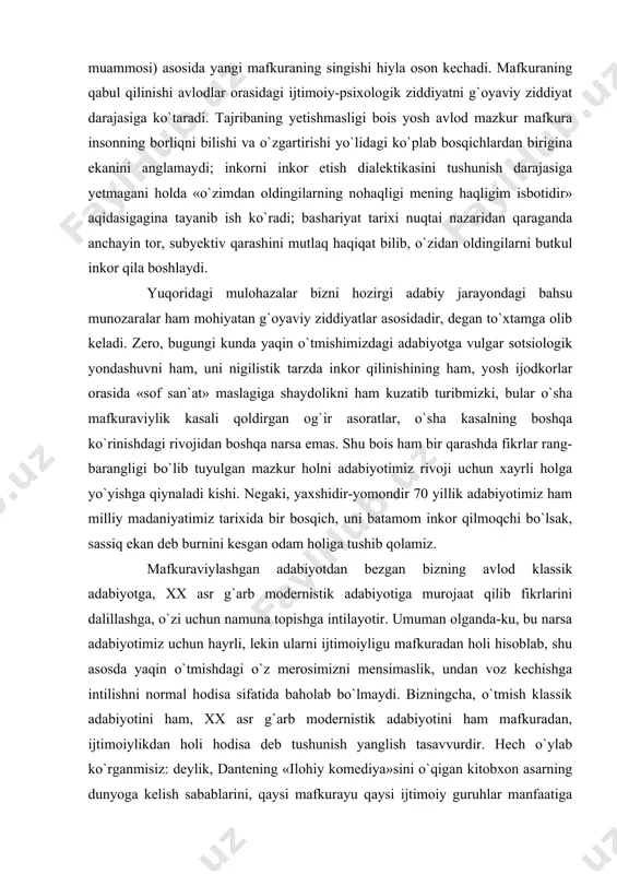 tdan avvalgilari yangi mafkuraga qiyosiy-tanqidiy mavqeda turish imkoniga ega bo`lganlari holda, keyingilari bunga hali tayyor emaslar. aminmizki, a.qahhor muayyan hayotiy tajribaga ega bo`lgach aytgan «men partiyaning soldati emas, ongli a`zosiman» degan mashhur gapini 30-yillarda aytish imkoni bo`lmaganidan emas, bunga hali o`zi ruhan tayyor bo`lmaganidan aytolmagan. demoqchimizki, mafkura asosidagi g`oyaning formal qabul qilinishi ko`proq yoshlarga, xususan, yosh ijodkorlarga xos xususiyatdir. e`tibor berganmisiz: yangi mafkurani avvalo yoshlar qo`llab quvvatlaydilar, mafkura yoyuvchilar asosiy kuchlarini yoshlar muhitiga safarbar etadilar. nega shunday? chunki avlodlar orasida har vaqt mavjud ijtimoiy-psixologik ziddiyat («otalar va bolalar» muammosi) asosida yangi mafkuraning singishi hiyla oson kechadi. mafkuraning qabul qilinishi avlodlar orasidagi ijtimoiy-psixologik ziddiyatni g`oyaviy ziddiyat darajasiga ko`taradi. tajribaning yetishmasligi bois yosh avlod mazkur mafkura insonning borliqni bilishi va o`zgartirishi yo`lidagi ko`plab bosqichlardan birigina ekanini anglamaydi; inkorni inkor etish dialektikasini tushunish darajasiga yetmagani holda «o`zimdan oldingilarning nohaqligi mening haqligim isbotidir» aqidasigagina tayanib ish ko`radi; bashariyat tarixi nuqtai nazaridan qaraganda anchayin tor, …