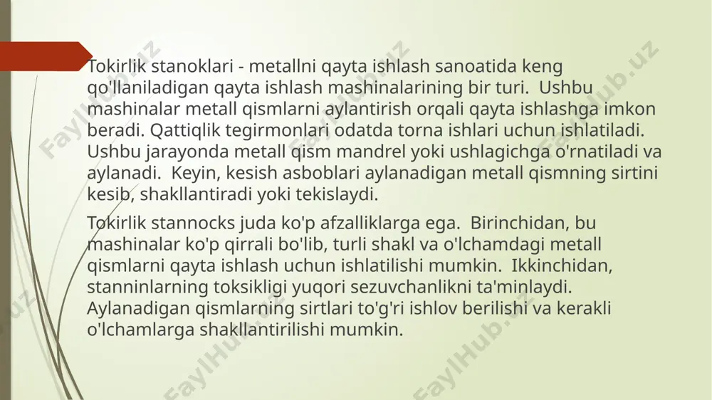 aytirishda aylanalar ko‘rinishidagi yasovchilarning izi usulida olinadi 4-rasm. 2n135 modelli vertical parmalash stanogining umumiy ko’rinishi; 1-asos plita 2-shpindelli babkaning korpusi va tezliklar qutichalati(karopka) 3-ustun 4-surishlar qutichasi va tezliklar qutichalari 5-shpindelli uzel 6-surish mexanizmi 7-shpindel 8-aylantirish dastagi 9-stol 10-boshqarish tizimi 11-yoritgich 12-elektr dvigatel 13-tezliklar dastagi 14-surishlar dastagi 15-boshqarish pulti 16-yo’naltiruvchi 17-pompa. parmalash stanoklari tasniflash qoidalariga ko‘ra 2 guruhga bo‘linadi. ular vertikal parmalash, radial parmalash stanoklariga bo‘linadi. vazifasi bo‘yicha markazlash, chuqur parmalash va ko‘pshpindelli parmalash xillariga bo‘linadi. stanoklarning turlarini tanlash eng katta parmalash diametri bo‘yicha aniqlanadi. vertikal parmalash stanoklarida zagotovkalar donalab moslamaga yoki stanok stolidagi pazlar yordamida stol ustiga prixvatlar yoki siquvchi elementlar orqali biriktiriladi. zagotovkalarda chizmaga monand parmalash, zenkerlash, razvyortkalash operatsiyalari kichik va katta diametrlarga ishlov berishda bajariladi. stanokning umumiy ko‘rinishi 4-rasmda ko‘rsatilgan. silliq, shovqinsiz, bir me’yorda, aniq parmalash uchun rejimlar tanlanishi shart bo‘ladi. ishchi harakatni aylanma, surish, tezliklarni sodir etishda stanokning kinematik sxemasi xizmat qiladi (5- rasm). 5-rasm.2n135 rusumli vertical …