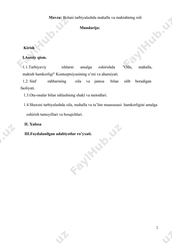 va vositalarni ishlab chiqib, amalda joriy etishdir. kurs ishining ob’yekti: maktabning o‘quvchilar bilan olib boradigan o‘quv mashg‘ulotlaridan tashqari, xilma-xil ta’lim-tarbiya ishlari sinfdan tashqari ishlar nomini olgan. sinfdan tashqari ishlar maktab ta’lim-tarbiya jarayonining tarkibiy qismi o‘quvchilarning bo‘sh vaqtlarini yo‘lga qo‘yish shakllaridan biridir. sinfdan va maktabdan tashqari ishlar shaxsni har tomonlama kamol toptirish va uni hayotga, aktiv faoliyatga tayyorlash uchun keng imkoniyatga ega. bu ishlar bolalarning qiziqishlariga muvofiq tarzda ko‘ngillilik asosida tashkil qilinadi. kurs ishining predmeti:tarbiyachilar, sinf rahbarlarining sinfdan va maktabdan tashqari olib boradigan tarbiyaviy ishlarida quyidagi ish usullaridan foydalanishlari maqsadga muvofiqdir: 1.og‘zaki ish usullari 2.amaliy ish olib borish usullari 3.ko‘rgazmali ish usullari. kurs ishining vazifalari: o’zbekiston respublikasining “ta’lim to’g’risida”gi qonuni va davlat ta’lim standartlari asosida talabalarni ma’naviy-axloqiy tarbiyalash va ta’limni samarali tashkil etishga o’rgatish; o‘quchilarga didaktika, tarbiya nazariyasi, ta’lim tizimini boshqarish, pedagogik firklarning tarixiyligi va pedagogik mahoratning mohiyati yuzasidan nazariy bilimlarni hosil qilish; umuminsoniy qadriyat va milliy madaniyatning asoslarini e’tiborga olib, …
