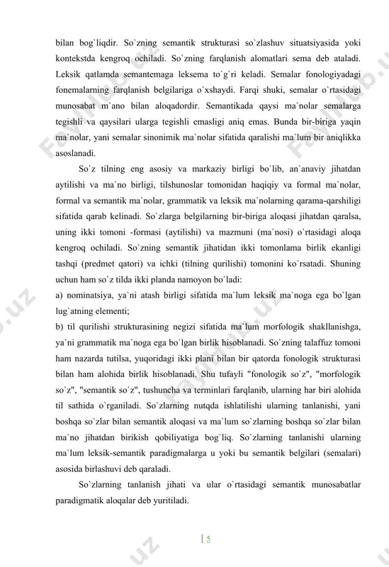 lik hisoblanadi. shu tufayli "fonologik so`z", "morfologik so`z", "semantik so`z", tushuncha va terminlari farqlanib, ularning har biri alohida til sathida o`rganiladi. so`zlarning nutqda ishlatilishi ularning tanlanishi, yani boshqa so`zlar bilan semantik aloqasi va ma`lum so`zlarning boshqa so`zlar bilan ma`no jihatdan birikish qobiliyatiga bog`liq. so`zlarning tanlanishi ularning ma`lum leksik-semantik paradigmalarga u yoki bu semantik belgilari (semalari) asosida birlashuvi deb qaraladi. so`zlarning tanlanish jihati va ular o`rtasidagi semantik munosabatlar paradigmatik aloqalar deb yuritiladi. so`zlar real borliqni aks ettiruvchi sifatida bir-birlari bilan bog`lanadilar va tematik guruhlarga birlashadi. masalan, qush nomlari, meva daraxtlari guruhi v.b. so`zlar o`rtasidagi ichki ma`no farqlanishi bilan bog`liq bo`lgan paradigmatik va sintagmatik munosabatlar omonimiya, polisemiya, sinonimiya, antonimiya va boshqa hodisalarni, so`zlarning leksik- semantik variantlarini tasnif qilish borasida kengroq ochiladi. so`zning mazmun komponentlari o`rtasidagi bog`lanish va so`zlarning ma`nolari orasidagi munosabatlar ularning nutqda ishlatilishini o`rganish orqali aniqlanadi. tilda so`z va leksema atamalari ko`p hollarda aralash holda qo`llanadi. lekin ular bir-biridan farq qiladi. …