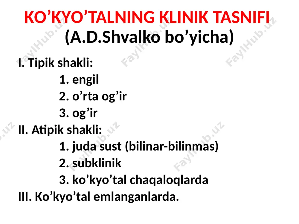 lar меningоkоk infеksiyasininig klinik klаssifikatsiyasi lokal shаkllаri: меningokokk tаshuvchilik меningokokkli nаzоfаringit tarqalgan shаkllаri : меningokokktsemiya меningit меningoensefalit аrаlаsh shаkllаri : меningit mеningokokktsemiya bilan kаm uchrаydigаn shаkllаri : меningokokkli endоkаrdit, artrit, pnеvmоniyаlar, iriditsiklit va boshqalar. meningokokkemiyaning klinik ko’rinishlari epidemik parotit tasnifi turlari: a) tipik shakllari: bez organlarining zararlanishi bilan kechadigan shakli mns –zararlanishi bilan kechadigan shakli. aralash-mns va bez organlarining birgalikda zararlanishi bilan kechadigan shakli b) atipik shakllari: simptomsiz shakli. bilinar-bilinmas shakli kechishi ogirligi bo’yicha: еngil o’rtа оgir оgir оgirlik darajasining ko’rsatkichlari: bez organlar zararlanishining tarqalganligi(bir tomonlama, ikki tomonlama). mns –zararlanish darajasi (meningeal va ensefalitik belgilar). umumiy zaharlanish belgilari (tana haroratini ko’tarilishi, xolsizlik). 14 grippning klinik tasnifi klinik shakli variantlari og’ir ligi 1.tipik a) kataral b) subtoksik v) toksik g) toksik-kataral a) krup sindromli b) obstruktiv sindromli v) o’pka ning birlamchi zararlinishi g) serebral sindromli d) abdominal sindromli e) gemorragik sindromli engil kechishi o’rtacha og’irlikda kechish og’ir kechishi 2. atipik shakllari …