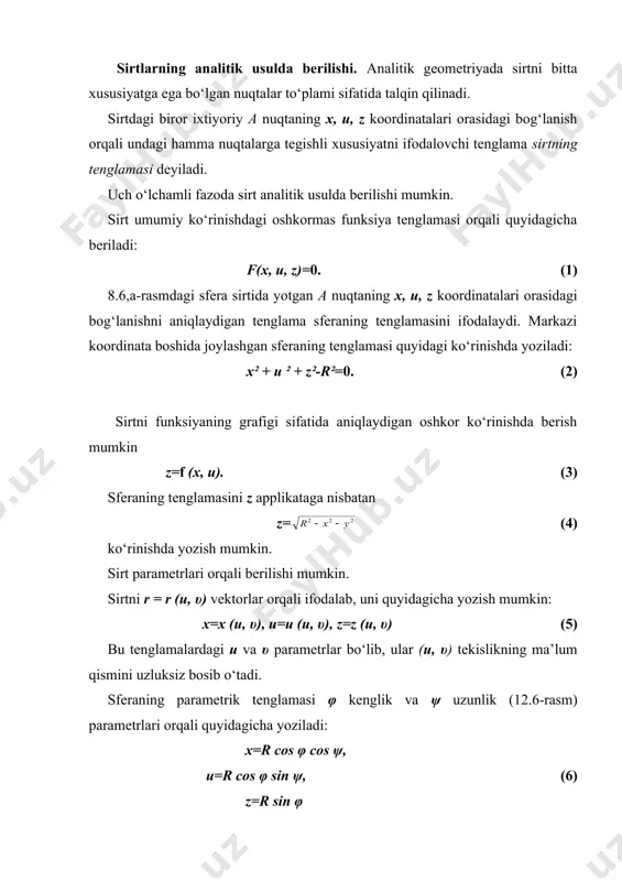 o‘z-o‘ziga parallel ravishda ilgarilanma harakatlanishi natijasida hosil bo‘lgan  sirti ko‘rsatilgan. bu sirt tekis parallel ko‘chirish sirtidir. n yasovchining hamma nuqtalari harakat davomida m yo‘naltiruvchiga o‘xshash tekis egri chiziqlar hosil qiladi. agar m egri chiziqni n1 egri chiziq bo‘ylab harakatlantirilsa, uning nuqtalari ham n1 egri chizig‘iga o‘xshash egri chiziqlar hosil qiladi. bu chiziqlar nuqtalarning yo‘llari deyilib, sirt ustida to‘r hosil qiladi. kinematik sirt yasovchilarining uzluksiz harakati va sirtning o‘zining uzluksizligidan quyidagi muhim xulosa kelib chiqadi: kinematik sirtning ixtiyoriy nuqtasidan shu sirtda yotuvchi va to‘r oilalarga kiruvchi ikkita egri chiziq o‘tkazish mumkin. agar m yo‘naltiruvchi to‘g‘ri chiziq bo‘lsa, silindr sirti hosil bo‘ladi. biror parabolani boshqa parabola bo‘yicha tekis siljitilsa, giperbolik paraboloid sirti hosil bo‘ladi. demak, bu sirtlar ham tekis parallel ko‘chirish sirtlari turiga kiradi. rasm rasm sirtlarning karkas usulida berilishi. ba’zi bir sirtlarini aniq geometrik qonuniyatlar bilan berib bo‘lmaydi. bunday sirtlar shu sirt ustida yotuvchi bir nechta nuqtalar yoki chiziqlar bilan …