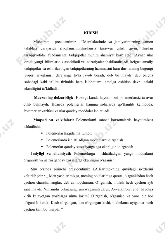 limerga doimiy kuchlanish(𝜎0) berilsa, unda oqish jarayonida kuzatilmasa bunda kuchlanish ma`lum muvozanatli yuqori elastik deformatsiyaga () mos keladi. doimiy kuchlanish ostida polimer deformatsiya o`zgarishini vaqtga bog`liqligi omorf polimer uchun kuchlanish bo`yicha relaksatsiya vaqtini grafigi yuqori elastikli deformatsiya relaksatsiya vaqtini (lgτ) haroratining teskari miqdori bog`liqligi og`ish burchagidan aniqlanadi. umuman real makromelukalalar uchun relaksatsiya vaqti dinamik jarayonda kuchlanishni vaqt bo`yicha sinusoidal qonun bo`yicha o`zgaradi. 𝜎=𝜎0 sinωτ bunda ω-faza tebranishini ko`rsatadi. deformatsiyaning kuchlanishdan kech qolishi natijasida mexanik energiyaning bir qismi yuqotiladi, issiqlik energiyasiga aylanadi. bunda energiyaning sochilishi kuzatiladi. bu xodisaga mexanik yuqotish deb yuritiladi. maksimum yuqotilish deb belgianadi. maksimum nuqtada ωτ=30,5 bunda asosan ω, d va d0 aniqlash orqali relaksatsiya (τ) vaqti hisoblab topiladi. relaksatsiya va gezterezis effekti polimerlar uchun ε=f(𝜎) bog`lanish grafigida kuchlanish oshib borishi va kamayib borishida deformatsiya miqdori o`lchangan bo`lsa , ularning grafiklari ustma ust tushmaslik holati kuzatiladi. kuchlanish oshib borishida deformatsiya , kuchlanish kamayib borishiga qaraganda kattaroq bo`ladi. natijada …