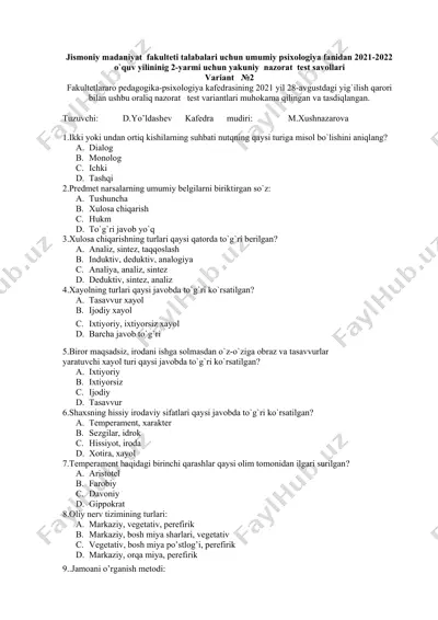 umumiy psixologiya nazorat testi — DOCX