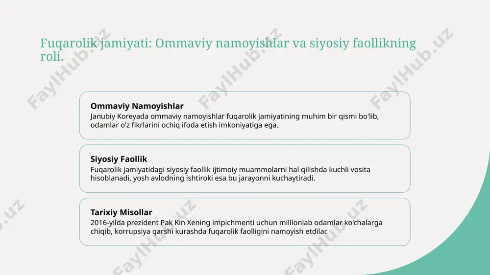 rga jalb qilinmoqda. ular faol ishtirok etib, o'z g'oyalarini namoyish etishmoqda. siyosatdagi o'zgarishlar ijtimoiy tarmoqlar siyosiy muhokamalarga yangi o'zgarishlar kiritmoqda, bu esa yoshlarni demokratik jarayonlarga yanada jalb qiladi. korruptsiya va rahbarlarning javobgarligi: janubiy koreya misoli. 01 korrupsiya va siyosat janubiy koreyada korrupsiya siyosatning ajralmas qismi bo‘lib, ko‘plab prezidentlar bu muammo bilan bog‘liq janjallarga aralashgan. 02 prezidentlar va javobgarlik janubiy koreya prezidentlari, odatda, lavozimidan ketgach, tergov ostida qolishadi yoki qamoqqa tushishadi, bu esa rahbarlarning javobgarligini oshiradi. 03 ommaviy harakatlar 2016-yilda prezident pak kin xening korrupsiya mojarosi natijasida millionlab odamlar ko‘chalarga chiqib, uning impichmentiga sabab bo‘ldilar. 04 yoshlar va ijtimoiy tarmoqlar yoshlar ijtimoiy tarmoqlar orqali korrupsiyaga qarshi harakatlarni qo‘llab-quvvatlaydi, bu esa ularning siyosiy faolligini oshiradi. millatchilik va ularning xalqaro munosabatlarga ta'siri. millatchilik asoslari janubiy koreyada millatchilik, tarixiy meros va geografik sharoitlar bilan bog'liq bo'lib, xalqning birligini va mustaqilligini ta'kidlaydi. shimoliy koreya ta'siri shimoliy koreya bilan munosabatlar janubiy koreya millatchiligi uchun muhimdir, bu …