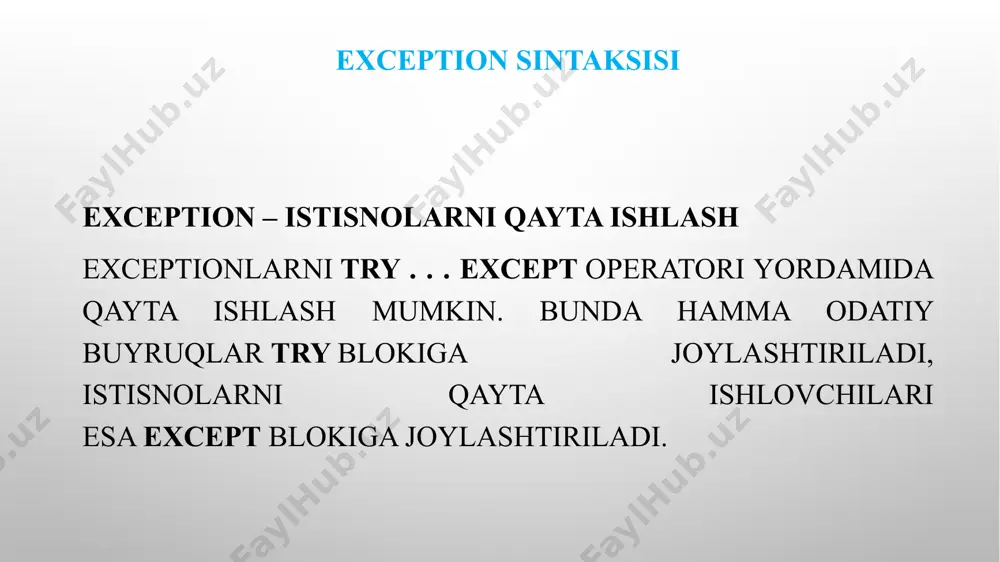 (input("son kiriting: ")) print("siz kiritgan son:", son) break except valueerror: print("xatolik: iltimos, faqat son kiriting!") while true: try: son = int(input("birinchi sonni kiriting = ")) boluvchi = int(input("ikkinchi sonni kiriting = ")) natija = son / boluvchi except zerodivisionerror: print("xatolik: nolga bo'lish mumkin emas. iltimos, boshqa son kiriting!") except valueerror: print("xatolik: iltimos, faqat son kiriting!") else: print("natija:", natija) break quyidagi misolda foydalanuvchi noto'g'ri qiymat kiritganda, qiymat to'g'ri bo'lmaguncha dasturni davom ettirish uchun while sikli va try-except bloklari birgalikda ishlatilgan. while true: try: yosh = int(input(" yoshingizni kiriting ")) if yosh < 0: raise valueerror("yosh manfiy bo'lishi mumkin emas!") except valueerror as xato: print(f "xatolik {xato}") else: print("siz kiritgan yosh", yosh) break image2.png image4.png image5.jpeg image3.png image6.png image7.jpeg image1.png