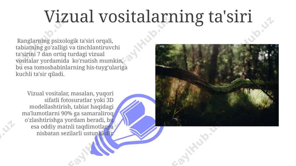 l rangning tinchlik va o`sishni, qizil rangning esa xavf va energiyani ifodalashi, tabiatning chuqurroq ma`nosini ochib beradi, shuningdek 5-7% ko`proq diqqatni jalb qiladi. sovuq va issiq ranglarning kontrasti, masalan, muzli tog`lar va quyosh botgan cho`llarni tasvirlashda, kuchaygan ta`sirchanlikni ta`minlaydi, tomoshabinlarda 2-3 sekund ichida hissiy reaksiyani keltirib chiqaradi. fotosuratlarning ahamiyati fotosuratlar tabiatni 360° burchak ostida, ranglarning toʻliq gammasini va tafsilotlarning boyligini namoyish qilib, hajmli va realistik tasvirlash imkonini beradi. yuqori aniqlikdagi fotosuratlar 10 megapikseldan yuqori rezolyutsiyada tabiatning mikro va makro dunyosini – gullarning tuzilishi yoki yulduzli osmonning kengligi – aniq aks ettiradi. kompozitsiya va shaklning ahamiyati ranglarning psixologik ta'siri hisobga olingan holda, masalan, issiq va sovuq ranglarning 7:3 nisbatdagi qo'llanilishi, tomoshabinlarda ma'lum bir kayfiyatni shakllantirishga yordam beradi. kompozitsiya, 3 ta asosiy element – chiziq, shakl va rang – orqali tabiatning harmoniyasini va muvozanatini 2 o'lchovli yoki 3 o'lchovli tasvirlash imkonini beradi. perspektiva va chuqurlikni yaratish 01 02 linear perspektivada 2 ta …
