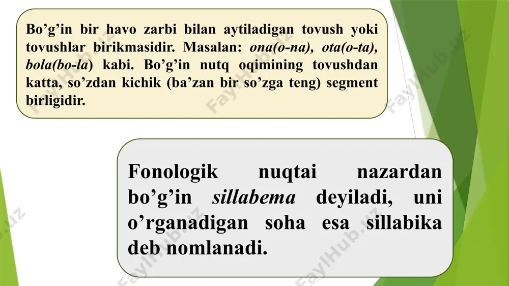 a‘zan teng bo‘lmaydi. bu qoida faqat bir bo‘g‘inli so‘zlarga xos. eslatma! agar undosh bilan boshlanuvchi qo’shimcha qo’shilsa bo’g‘in va asosqo’shimchaga ajratish teng. unli bilan boshlanuvchi qo’shimcha qo’shilsa teng emas. bo’g’inning til va nutqdagi ahamiyati quyidagilardan iborat: 1.so’zning, xususan, fonetik so’zning shakllanishida "qurilish materiali" va qoliplovchi vazifalarni bajaradi. ayrim tillarda bo’g’inning distinktiv (tafovutlash, farqlash) funktsiyasi ham bor. masalan, koreys, vetnam, xitoy tillarida bo’g’in ohang turiga qarab so’z ma’nosini farqlaydi, ayni shu xususiyati bo’lgan tillarda u sillabema hisoblanadi. o’zbek tilida bo’g’inning bu funktsiyasi nihoyatda kuchsizdir. 2.bo’g’inning pedagogik-metodik ahamiyati ham bor: birinchi sinf o’quvchilarini to’g’ri o’qish va to’g’ri yozishga o’rgatishda, ularda to’g’ri talaffuz va imlo ko’nikmalarini shakllantirishda bo’g’inlab o’qitish va bo’g’inlab yozdirish yaxshi natija beradi. 3.orfografiya qoidalarining bir qismi bo’g’in ko’chirilishiga asoslanadi. 4.bo’g’inning she’riyatdagi turoqlarni, ohangdoshlik va musiqiylikni ta’minlovchi vosita sifatidagi roli ham katta. u she’riy misralardagi ritmni yuzaga keltiruvchi asosiy unsurlardan biri, ayni paytda vazn o’lchovi bo’lib xizmat qiladi. ►ko‘p bo‘g‘inli so‘zning …