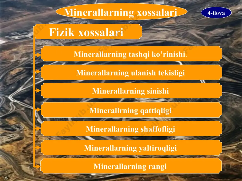 xulosa minerallar – tog‘ jinslari va rudalarning tarkibiy qismini tashkil etuvchi, o‘ziga xos kimyoviy tarkib va fizikaviy xossalarga ega bo‘lgan tabiiy ximiyaviy birikmalardir. taqdimotda minerallar tabiatda uchraydigan asosiy guruhlarga (silikatlar, boshqa ximiyaviy birikmalar, fosfatlar, sulfidlar, oksid va gidroksidlar) ajratilganligi ko‘rsatiladi. minerallarning tashqi ko‘rinishi, sinishi, qattiqligi, shaffofligi, yaltiroqligi va rangi kabi xususiyatlari batafsil tahlil qilingan. ularning qattiqligini aniqlash uchun moos shkalasi (10 ta etalon mineral asosida) qo‘llanilishi, sinish va ulanish tekisliklari orqali mineralarning ichki tuzilishi va strukturaviy xususiyatlari aks ettirilgani ta’kidlangan. taqdimotda minerallar birlamchi (endogen) va ikkilamchi (ekzogen) shakllanishi, shuningdek, geologik jarayonlar, ya’ni magmaning sovishi, qayta kristallanishi va metamorfogen jarayonlar natijasida yuzaga kelishi haqida ma’lumot berilgan. minerallarning shaffofligi va yaltiroqligi ularning nurli yutish, aks ettirish ko‘rsatkichlari bilan bog‘liq ekanligi, rang esa asosan tarkibidagi rang beruvchi elementlar (masalan, temir, xrom, vanadiy va boshqalar) ta’sirida shakllanishi ko‘rsatilgan. a.g. betextin – minerallarning tasnifi va ularning xossalari (taqdimotda keltirilgan nazariy yondashuvlar asosida). mineralogiya darsliklari – …