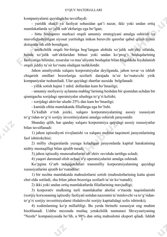 ona (moliyaviy va sanoat birlashmalari)larga ega bo‘lgan, filiallari va ofislari keng tarmoqni egallab, muayyan mahsulot ishlab chiqarish va sotish bo‘yicha yetakchi o‘rnini egallovchi kompaniyadir”[footnoteref:7]. [7: ленский е.в., цветков в.а. транснациональные финансово-промышленные группы и межгосударственная экономическая интеграция: реальность и перспективы. -м.: афп еженедельника «экономика и жизнь», 1998.] garvard universiteti tadqiqot dasturi ta’rifiga ko‘ra, ko‘p millatli kompaniyalar oltidan ortiq xorijiy sho‘ba va kompaniyalarni o‘z ichiga oladi. xalqaro korporatsiyalar faoliyatini o‘rganuvchi bmt uzoq vaqt davomida (1960-yillardan boshlab) tmklarni yillik aylanmasi 100 mln. dollardan oshadigan va kamida olti mamlakatda filiallarga ega bo‘lgan kompaniyalarnigina tmkar deb yuritib keladi. bmtning ayrim ekspertlari xorijda ishlab chiqarish ob’ektlariga ega bo‘lgan har qanday kompaniyani tmk deb hisoblaydilar. biroq, tmk konsepsiyasining talqini ko‘plab davlatlarning manfaatlariga ta’sir qilishini hisobga olgan holda, bmtning transmilliy korporatsiyalar bo‘yicha komissiyasi tmklar ta’rifining kelishuv versiyasini ishlab chiqdi. unga ko‘ra “…huquqiy shakli va faoliyat sohasidan qat’i nazar, ikki yoki undan ortiq mamlakatlarda izchil siyosat va umumiy strategiya …