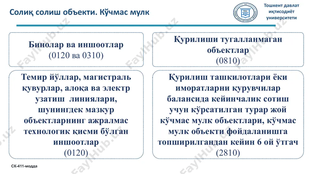 вазиятли масала тошкент давлат иқтисодиёт университети тошкент шаҳри яккасарой туманида жойлашган “betle" тўқимачилик корхонанинг 2025 йил 1 январь ҳолатига 480 000 000 сўмлик кўчмас мулклари бинолари мавжуд бўлиб, ушбу кўчмас мулкларга нисбатан 5% фоизлик амортизация қўлланилганда 24 000 000 сўм ҳосил бўлади биноларнинг амортизация йиллик нормаси 5 фоиз қилиб белгиланган 2025 йилда корхонанинг қолдиқ қиймати 480 000 000 сўм кўчмас мулкининг ўртача йиллик қолдиқ қийматидан солиқ солинадиган базани аниқланг? 2025йилда кўчмас мулк солиқ ставкаси 1,5 фоиз! савол: кейинги слайдда ечими амалий вазиятли масаланинг ечими тошкент давлат иқтисодиёт университети 31.01.2025 йил1 480 000 000 сўм 480 000 000 сўм 5% эскириш қиймати 24 000 000 сўм 12 ой 2 000 000 сўм 2 000 000 478 000 000 сўм 28.02.2025 йил2 480 000 000 сўм 2 000 000*2 476 000 000 сўм 31.03.2025 йил3 480 000 000 сўм 2 000 000*3 474 000 000 сўм 30.04.2025 йил4 480 000 000 сўм …