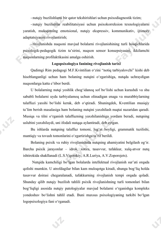 bo‘lgan, nutqiy patologiyali bolalarni o‘rganish xix-xx asrga to‘g‘ri keladi. nutq nuqsoni mavjud bolalarni o‘rganish terminologiyasi turli bosqichlarda turlicha bo‘lgan. 1920 yillarda rossiyada og‘ir nutqiy buzilishlar nutqda paydo bo‘lgunga qadar “alaliya” termini bilan ifodalangan. chet elda bu buzilish “rivojlanish afaziyasi”, “konstitutsional nutqning to‘xtashi”, “tug‘ma afaziya” (a.l.kenton, f.jilr, f.koxar) deb nomlangan. nutq buzilishlarining dastlabki tasnifi a.kussmaulning tipologiyasi hisoblanadi. a.kussmaul nutq buzilishlari haqidagi noto‘g‘ri tasavvurga ega ekanligiga ko‘ra tanqidga uchragan. bu tasnif xx asrning birinchi choragida chet el va rus tadqiqotchilarining ilmiy ishlarida keng qo‘llangan (g.gutsman, e.freshels, s.m.debragayev). ular ilgari surgan tasniflarda umumiy jihatlar ko‘p edi (klinik yondoshuv lotin va grek so‘z yasovchi elementlaridan tashkil topgan til tasnifi). lekin tasniflar o‘rtasidagi farq buzilishlarni guruhlashda nomlash, qo‘llanayotgan ko‘rsatgichlar borasida ifodalangan. tasniflar o‘rtasidagi qarama-qarshiliklar, ularning tarkibidagi soddaliklar xx asr ilm-fan yutuqlari oldida yaqqol ko‘zga tashlanib qoldi. 2.pedagogik bosqich. rus olimlar m.ye.xvatsev, f.a.rau, o.v.pravdina, s.s.lyapidevskiy va boshqa olimlar klinik tasnifga o‘zgartirishlar kiritadi. natijada bir shaklga kiruvchi …