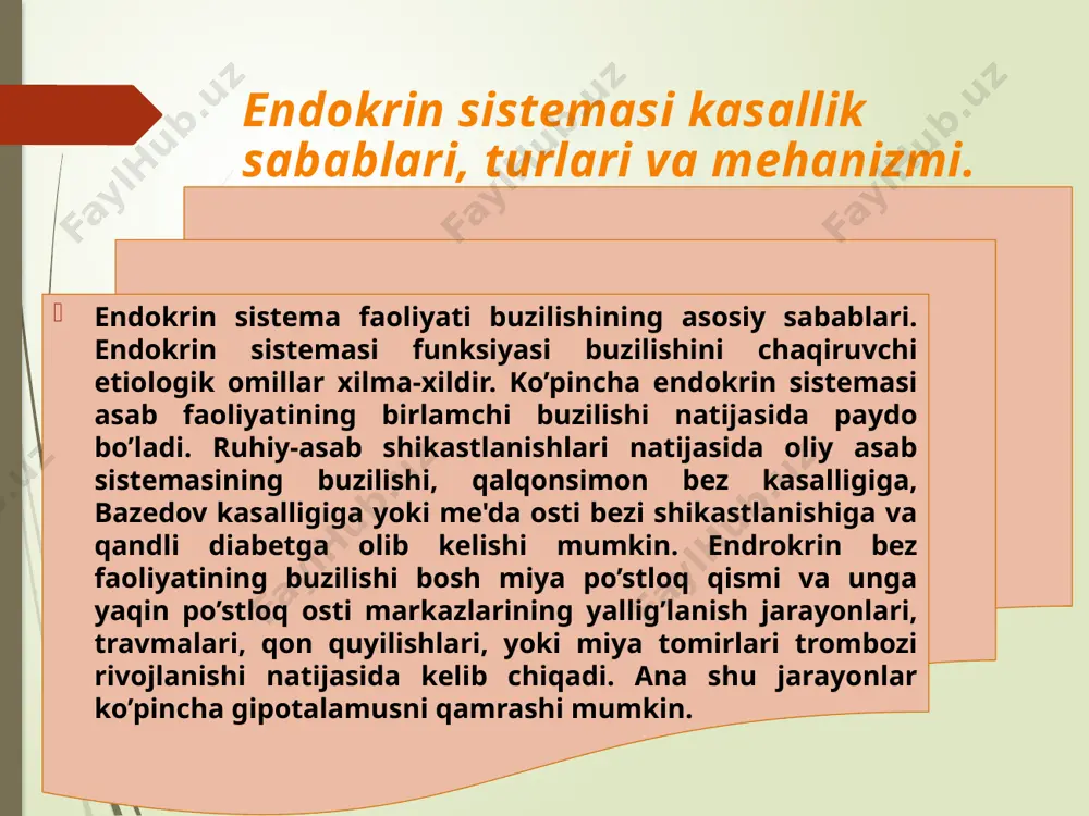 gormon (fsg) lyutinlovchi (sui ajralishini rag’batlantiruvchi), (lg), (aktg), (adrenokor-tikotrop) tireotrop gormon-ttg va bir qator boshqa gormonlar ishlab chiqariladi. neyrogipofizdan qonga ikki gormon-adg yoki vazopressin va oksitosin ajraladi. adg buyrak kanalchalarida suv reabsorbisiyasini kuchaytiradi, uning ortiqcha miqdori esa buyrak kalavachalari qon tomirlarini toraytiradi va ularda arterial bosimni orttiradi. oksitosin ayollar jinsiy sistemasi faoliyatida fiziologik jarayonlarni boshqaradi, homiladorlikdagi bachadonni qisqarish funksiyasini kuchaytiradi. www.arxiv.uz adenogipofiz giperfunksiyasi bilan kechuvchi kasalliklar bu kasalliklar biror gormon ishlanishining yoki bir guruh, hatto barcha trop gormonlar hosil bo’lishining ortib ketishi bilan ta'riflanadi. odatda bunday giperfunksiya ocsmalar o’sishi bilan, ko’pincha adenogipofiz adenomasi bilan bog’liq bo’ladi. agar bu vaqtda jinsiy gormonlar ko’p hosil bo’lsa, muddatidan oldin, ko’pincha 8—10 yoshlarda balog’atga yetish kuzatilib, u odatda jismoniy va ruhiy yetilmaslik bilan birgalikda ketadi. isenko-kushing kasalligida ko’plab miqdorda aktg ishlab chiqarilib, u buyrak usti bezlari po’stloq qismi gipefunksiyasiga olib keladi. ttg ni ortiq darajada ishlab chiqarilishi qalqonsimon bezning gipofizar xilidagi giperfunksiyasiga (gipertireozga) olib …